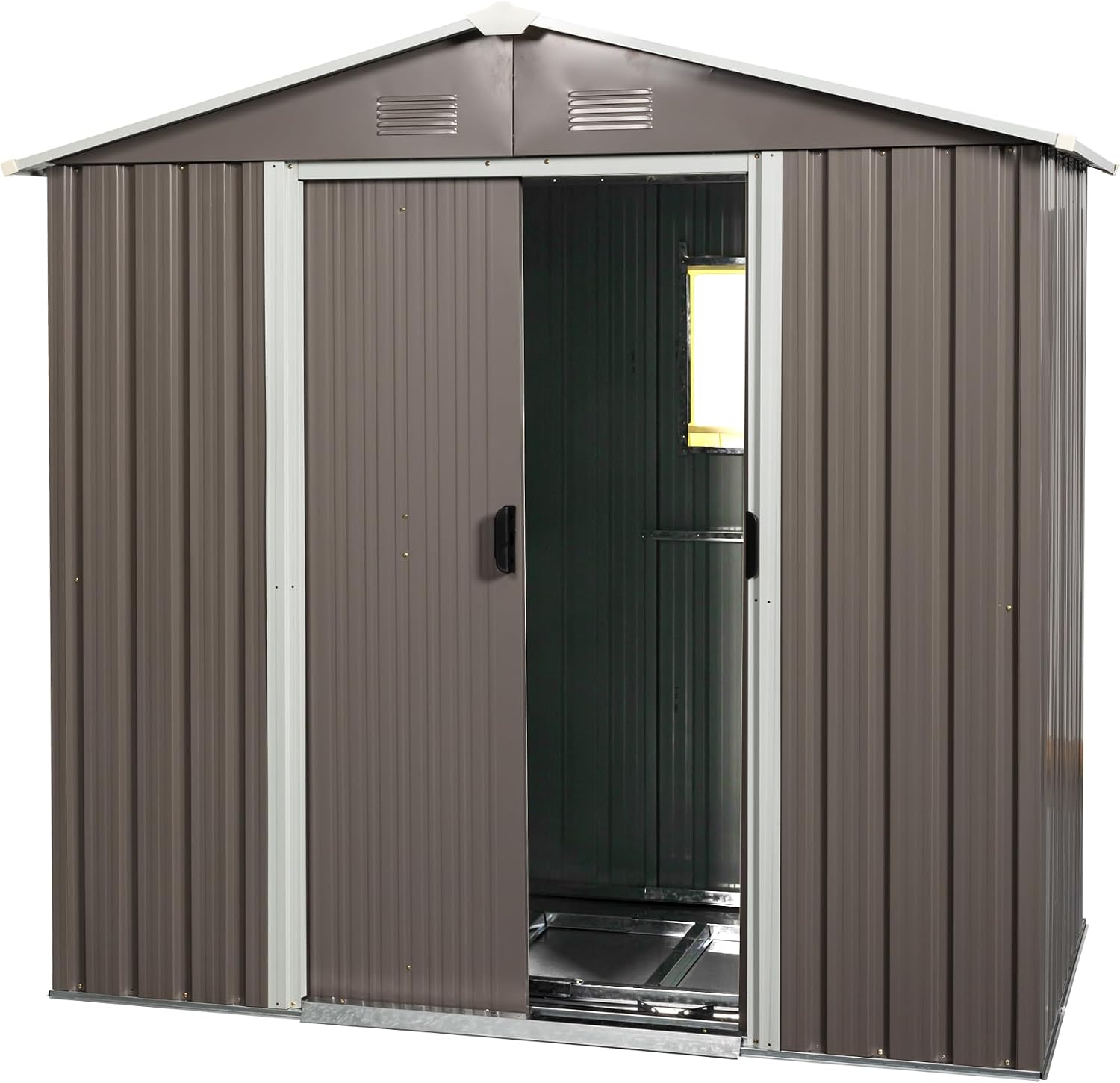 8 X 4 FT Outdoor Storage Shed Large Metal Utility Tool Sheds with Floor Frame and Window Vertical Outside Storage Building with Sliding Door for Backyard Garden Patio Lawn, Gray