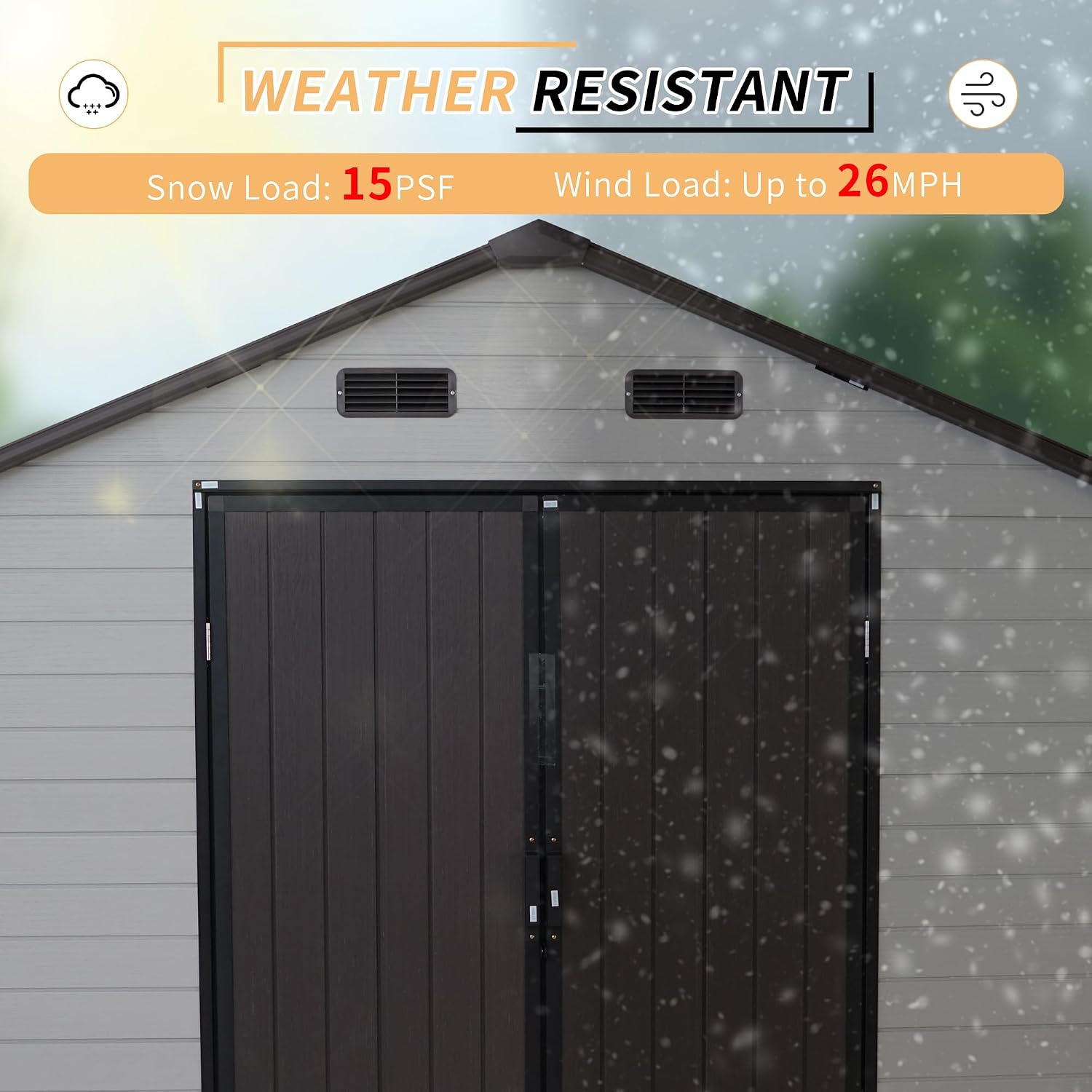 Outdoor Storage Shed, 8x8x7.6FT Plastic Storage Shed with 2 Windows and Strong Aluminum Frame for Garden Tools, Bike, Lawnmower, White and Brown
