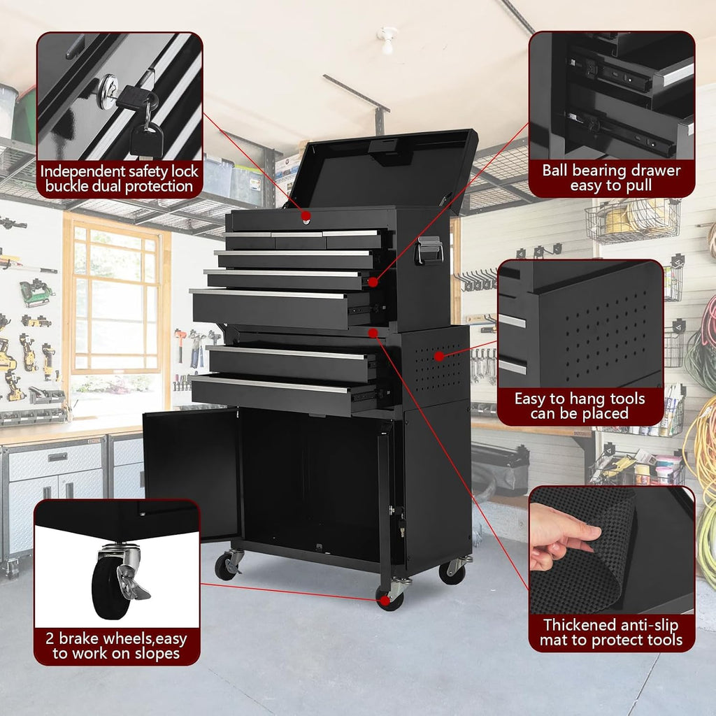 8-Drawer Rolling Tool Chest, 2-in-1 High Capacity Removable Cabinet Storage Tool Box with Wheels and Drawers, Detachable Toolbox with Lock for Workshop Mechanics Garage (Black)