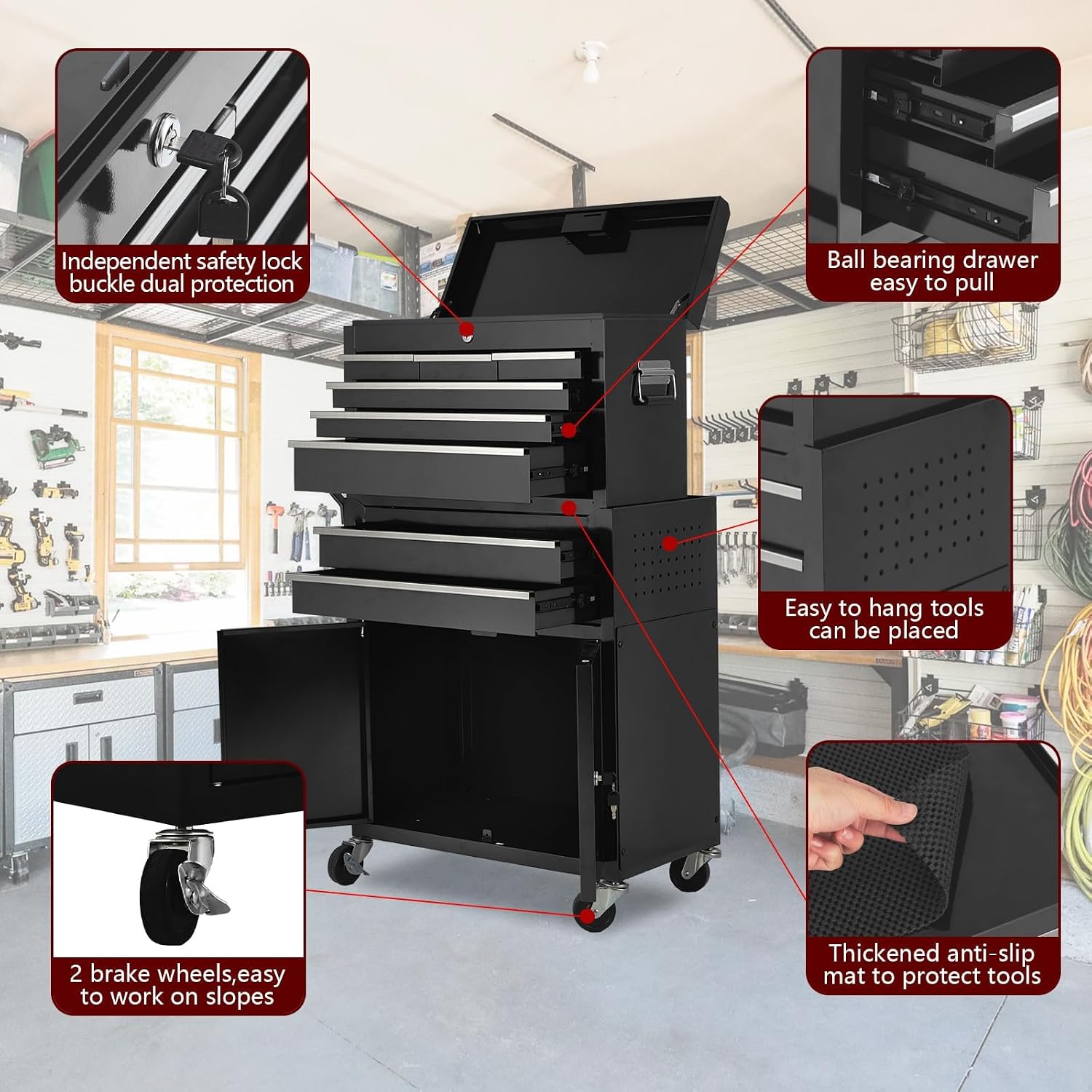 8-Drawer Rolling Tool Chest, 2-in-1 High Capacity Removable Cabinet Storage Tool Box with Wheels and Drawers, Detachable Toolbox with Lock for Workshop Mechanics Garage (Black)