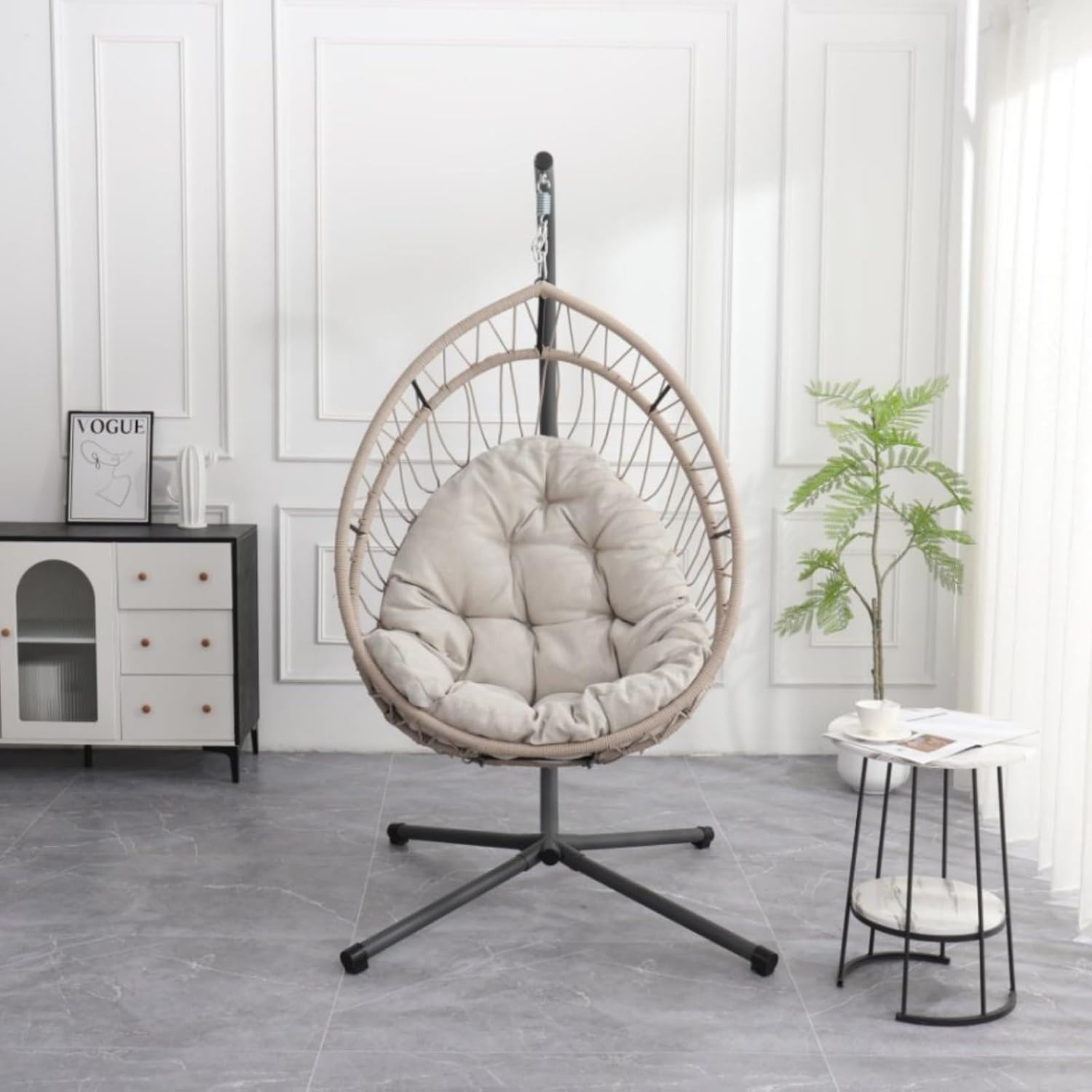 Outdoor Egg-Shaped Hanging Chair with Stand, Patio Wicker Swing, Indoor Rocking, Outdoor Hammock, Linen Gray