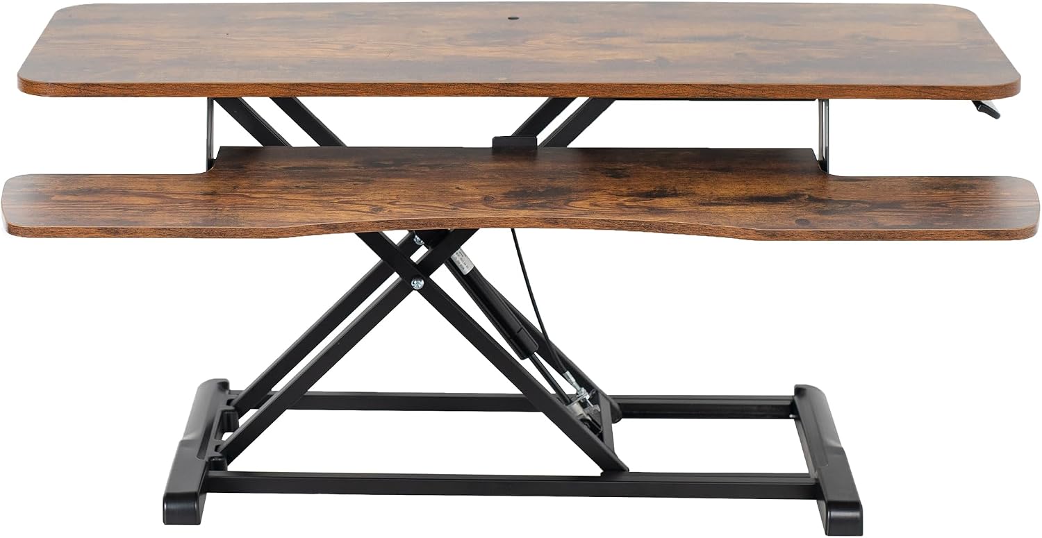 VIVO 42 inch Desk Converter, K Series, Height Adjustable Sit to Stand Riser, Dual Monitor and Laptop Workstation with Wide Keyboard Tray, Rustic Vintage Brown Top, Black Frame, DESK-V042KN