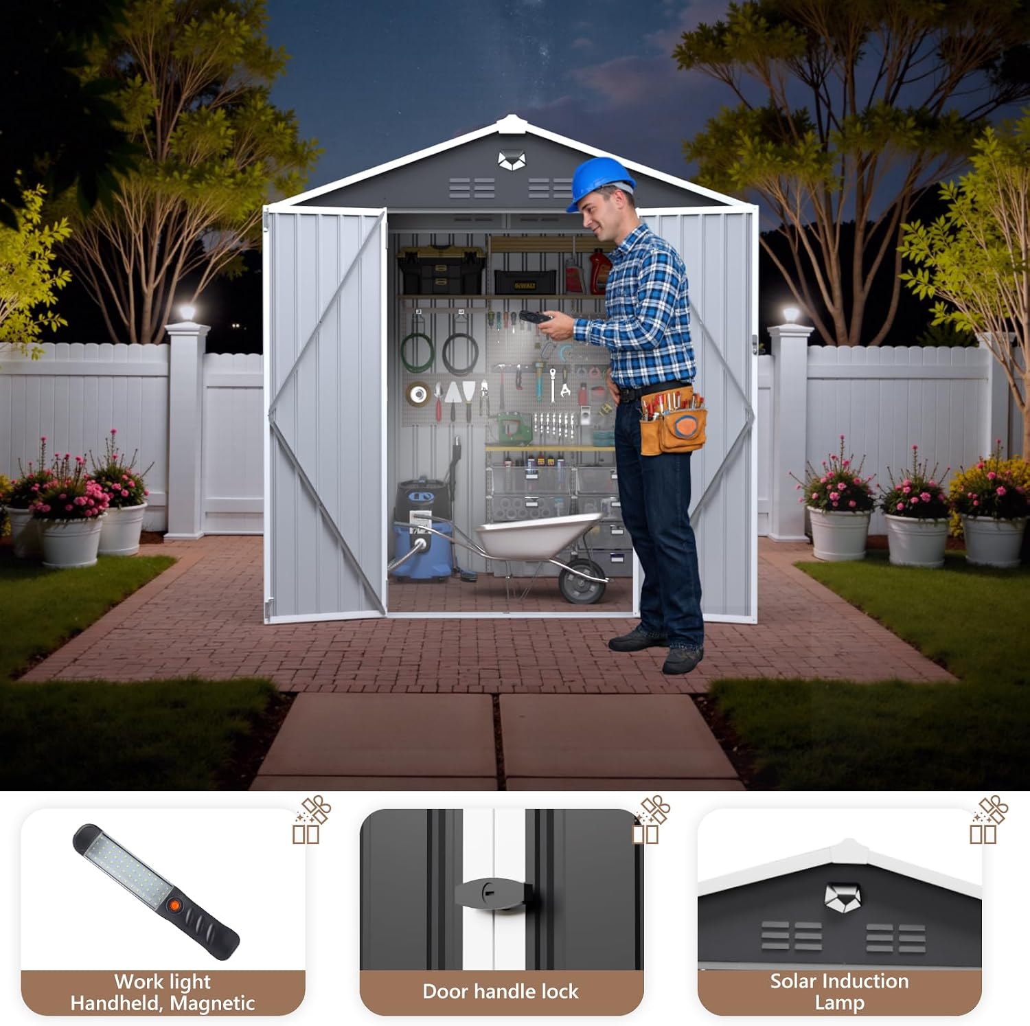 8X6 FT Outdoor Storage Shed, Metal Garden Shed, Storage Tool Sheds with Lockable Doors, Waterproof Outside Storage Building for Backyard, Patio (Black; Floor Not Included)