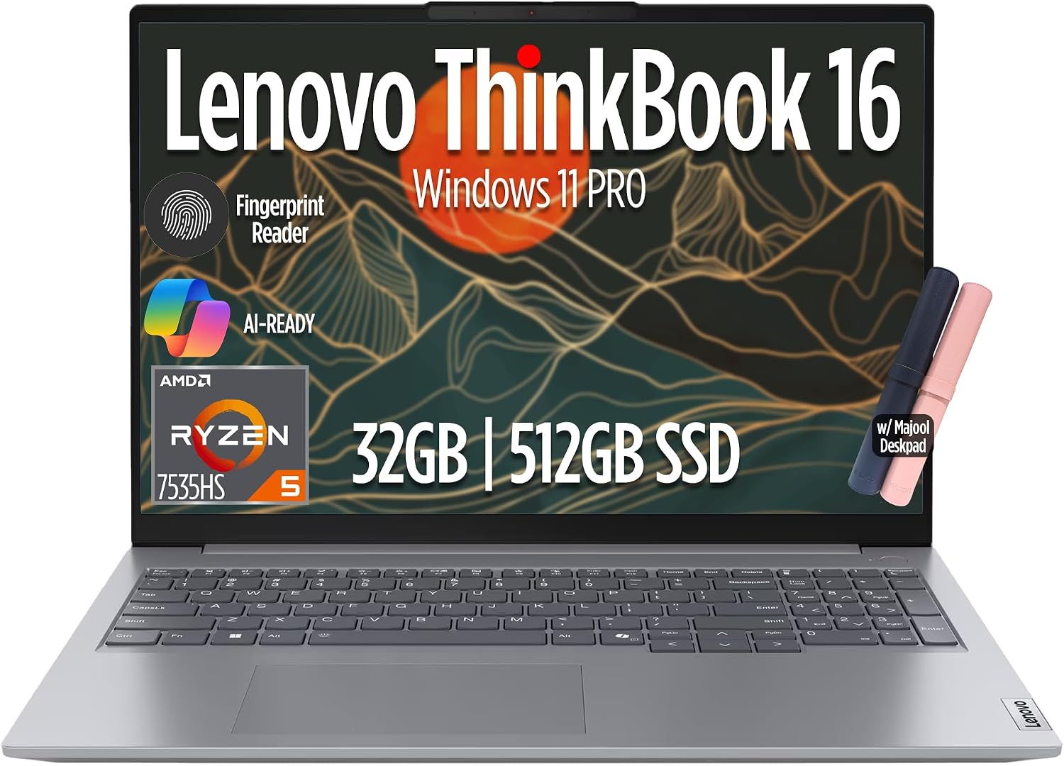 Lenovo ThinkBook 16 Gen 7 Business Laptop, 16' FHD+ Display, AMD Ryzen 5 7535HS (> i7-1355U), 32GB DDR5 RAM, 512GB SSD, KB Backlit, Webcam, Ethernet, Wi-Fi 6, Windows 11 Pro w/Copilot, MAJ DESKPAD