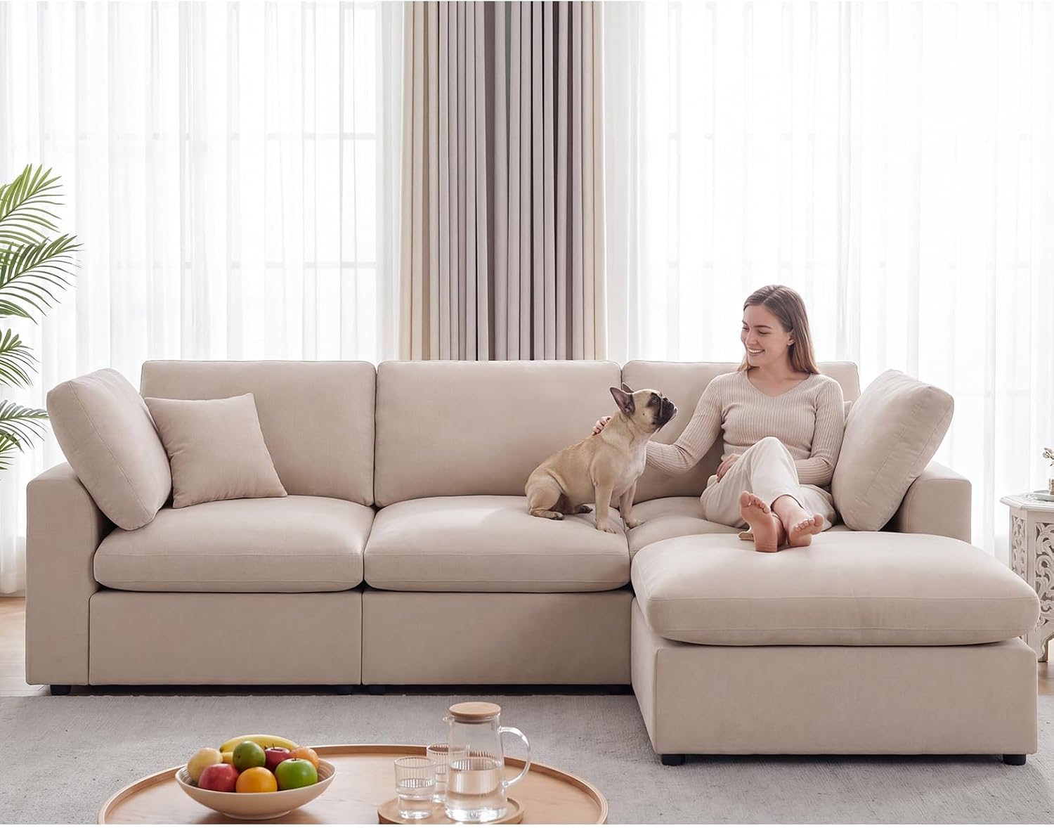 L-Shaped Modular Sectional Sofa, Modern Cloud Couch with Ottoman, 3-Seater Corner Sofa, Deep-Seated Sofas for Living Rooms, Bedroom and Apartment, Beige - Chenille