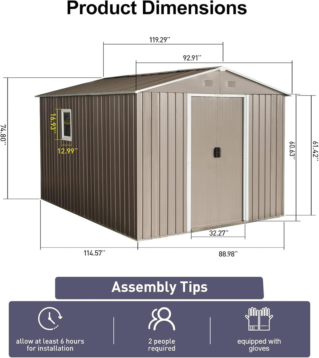 8x10 ft Outdoor Metal Storage Shed with Floor Foundation and Window, Lockable Galvanized Steel Tool Shed with Sliding Door and Air Vent, Waterproof Garden Storage House for Backyard, Patio