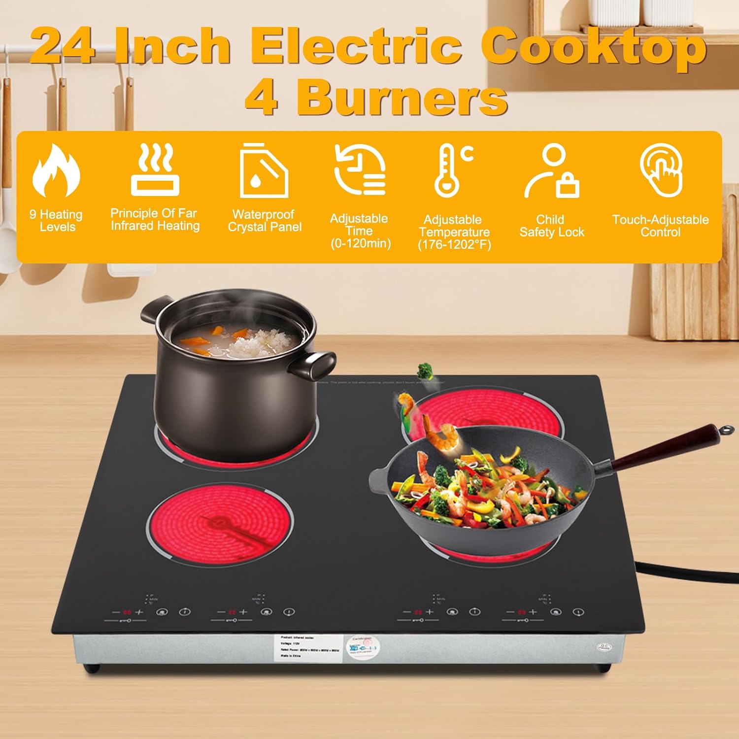 Electric Cooktop Built-in Cooktop 3000W Electric Stove Top with 4 Electric Burners 9 Heating Level Kid Safety Lock Sensor Touch Control Portable Induction Cooktop 110V