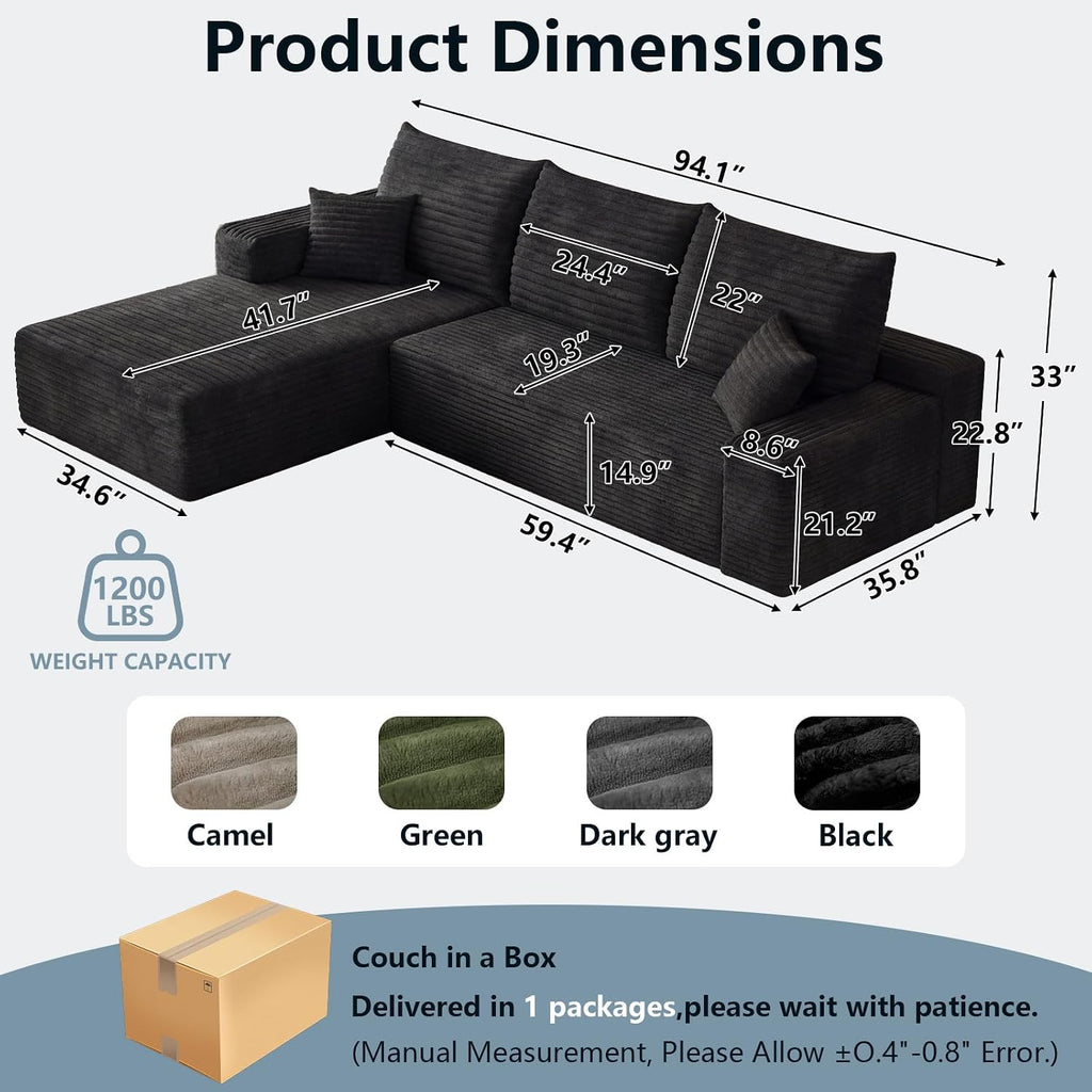 95' Cloud Sectional Couch with L-Shape Chaise, Modern Corduroy Boneless Couch for Living Room,Memory Foam Sofa with Deep Seat,No Assembly Required (Black,Left-Facing Chaise)