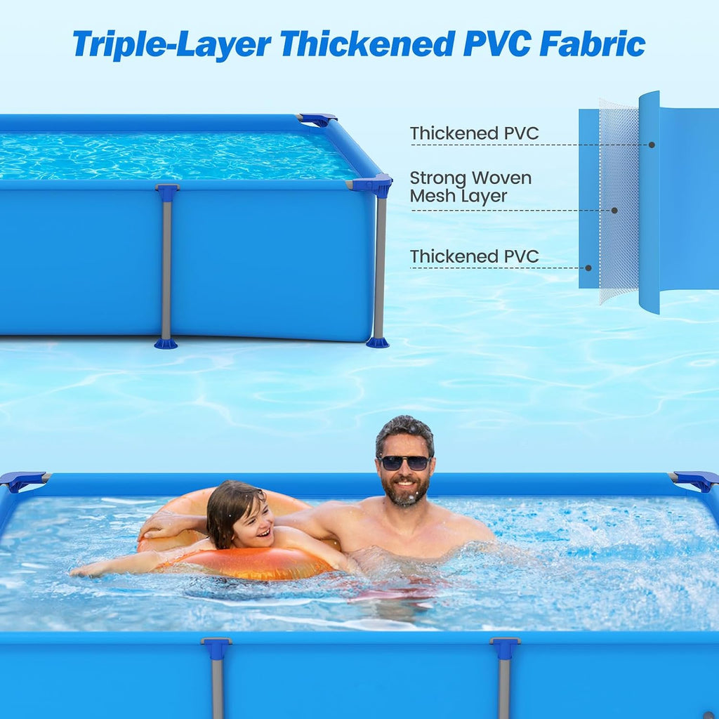 Moccha 8.5' x 6' Rectangle Above Ground Pool - Metal Frame Family Pool Set with PVC Fabric, 3 Stoppers & Drainage Valve Connector, Outdoor Backyard Swimming Pool, 690 Gallons of Water