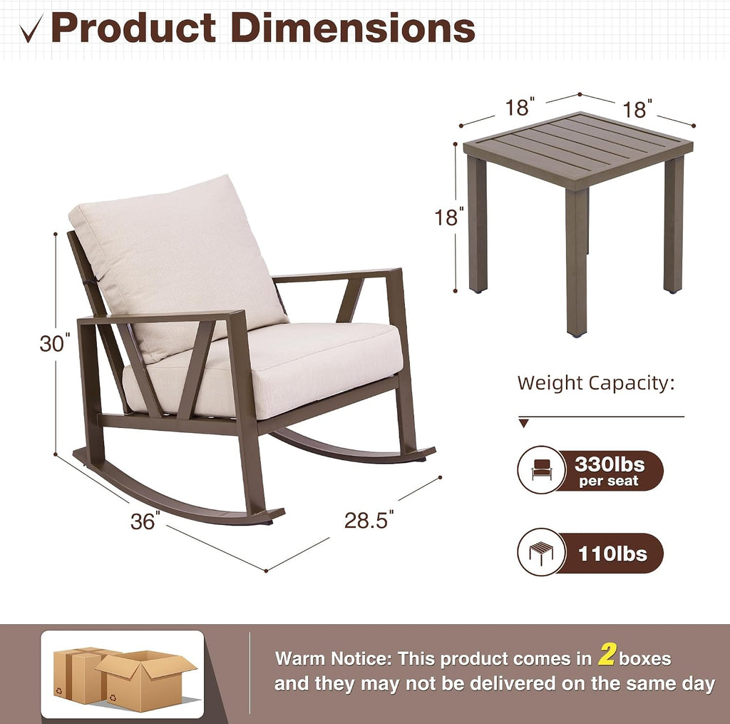 Patio Porch Furniture Set, Outdoor Rocking Chairs Set of 2 with Coffee Table, 3 Piece Metal Outdoor Patio Bistro Conversation Set, Beige