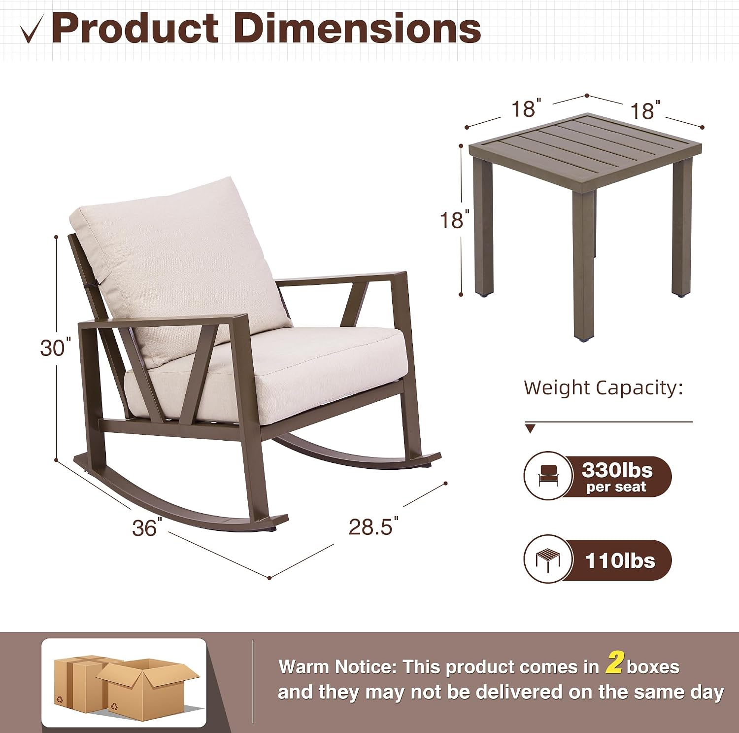 Patio Porch Furniture Set, Outdoor Rocking Chairs Set of 2 with Coffee Table, 3 Piece Metal Outdoor Patio Bistro Conversation Set, Beige