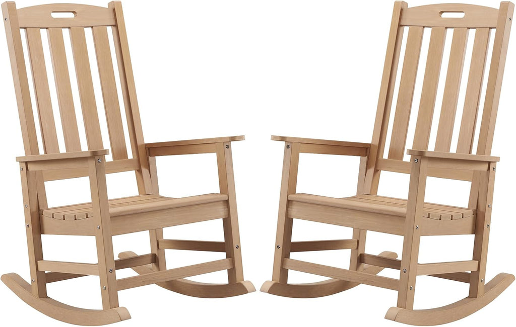 Psilvam Oversized Outdoor Rocking Chair Set of 2, Porch Rocker with 21' Wide Seat and 32' Tall Backrest, Pre-Assembled with Most Components for Effortless Installation (Teak Color)
