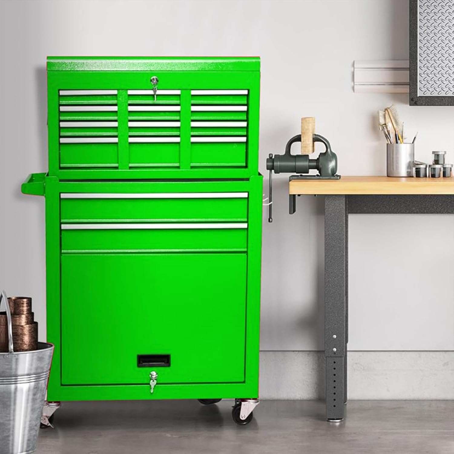 8-Drawer Rolling Tool Chest with Detachable Top Tool Box, Lockable Metal Tool Cabinet, and Liner, Heavy-Duty Storage Organizer with Wheels and 6 Hooks for Garage, Workshop, Green