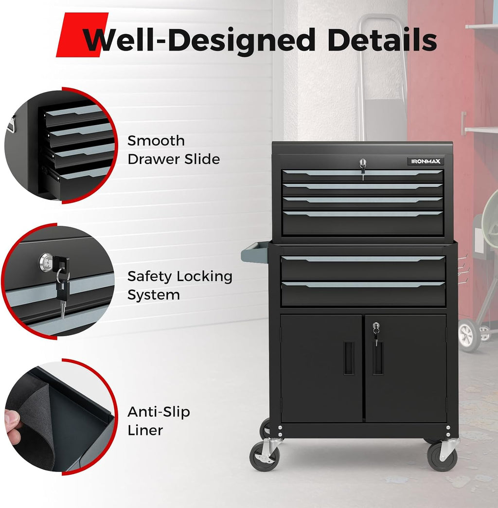 Goplus Tool Chest, 6 Drawers Extra Large Rolling Too Storage Cabinet with 4' Universal Lockable Wheels, Auto Lock, Protective Liner, 2-in-1 Heavy Duty Tool Box for Garage, Workshop