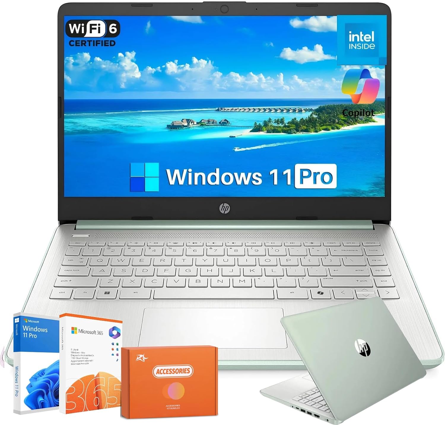 HP 2025 Laptop for Student Business, 14' Anti-Glare, Intel N150, 16GB RAM, 384GB Storage(128GB UFS+256GB MSD), Wi-Fi 6, Copilot AI & 1 Year Office 365, Willow Green, Windows 11 Pro, W/Accessories