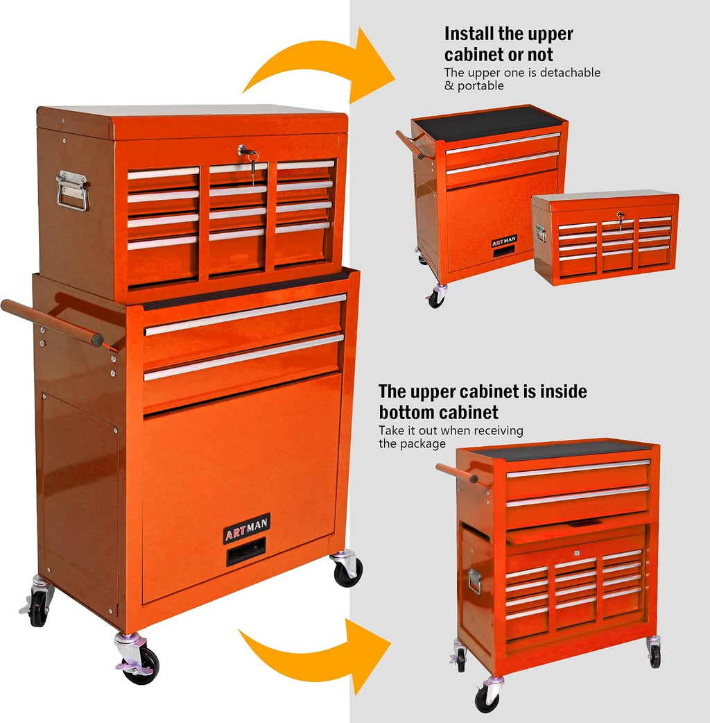 8-Drawer Tool Chest,Rolling Tool Box with Detachable Top Toolbox & Key Lock,Tool Cabinet with Universal Lockable Wheels,Lock Bar,Protective Liner,Metal Storage Cart for Garage,Workshop (Orange)
