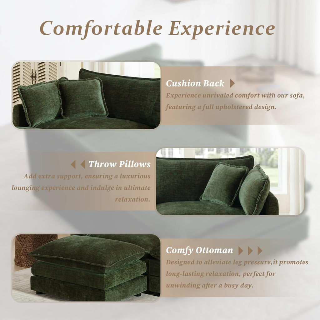 SoarFlash Chenille Sectional Sofa, Comfy L Shaped Modular Coush Sofa with Ottoman, Modern 4 Seat Couch Deep Seat Sofa Set for Living Room,Green