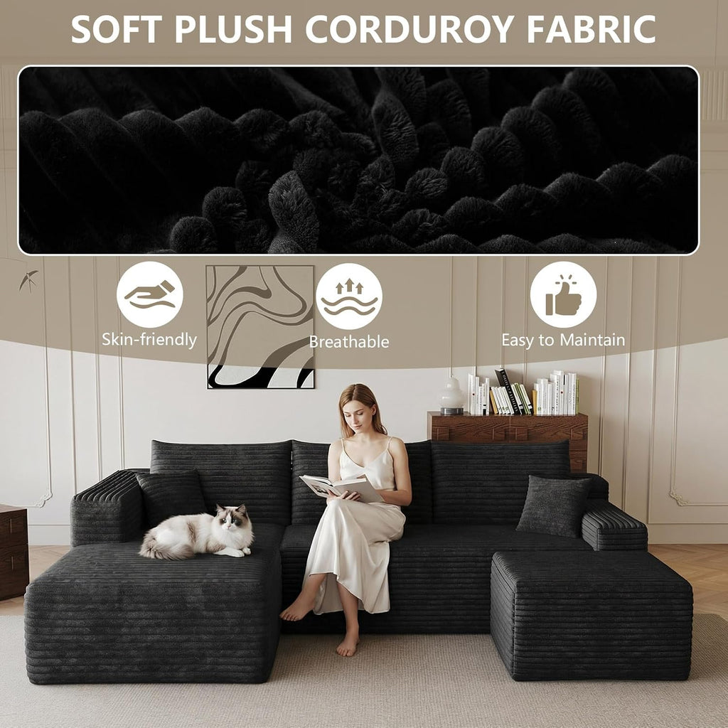 95' Cloud Sectional Couch with U-Shaped Chaise, Corduroy Sectional Sofa with Ottoman, Boneless Couch with Deep Seat for Living Room, No Assembly Required (Black, Left Facing Chaise)