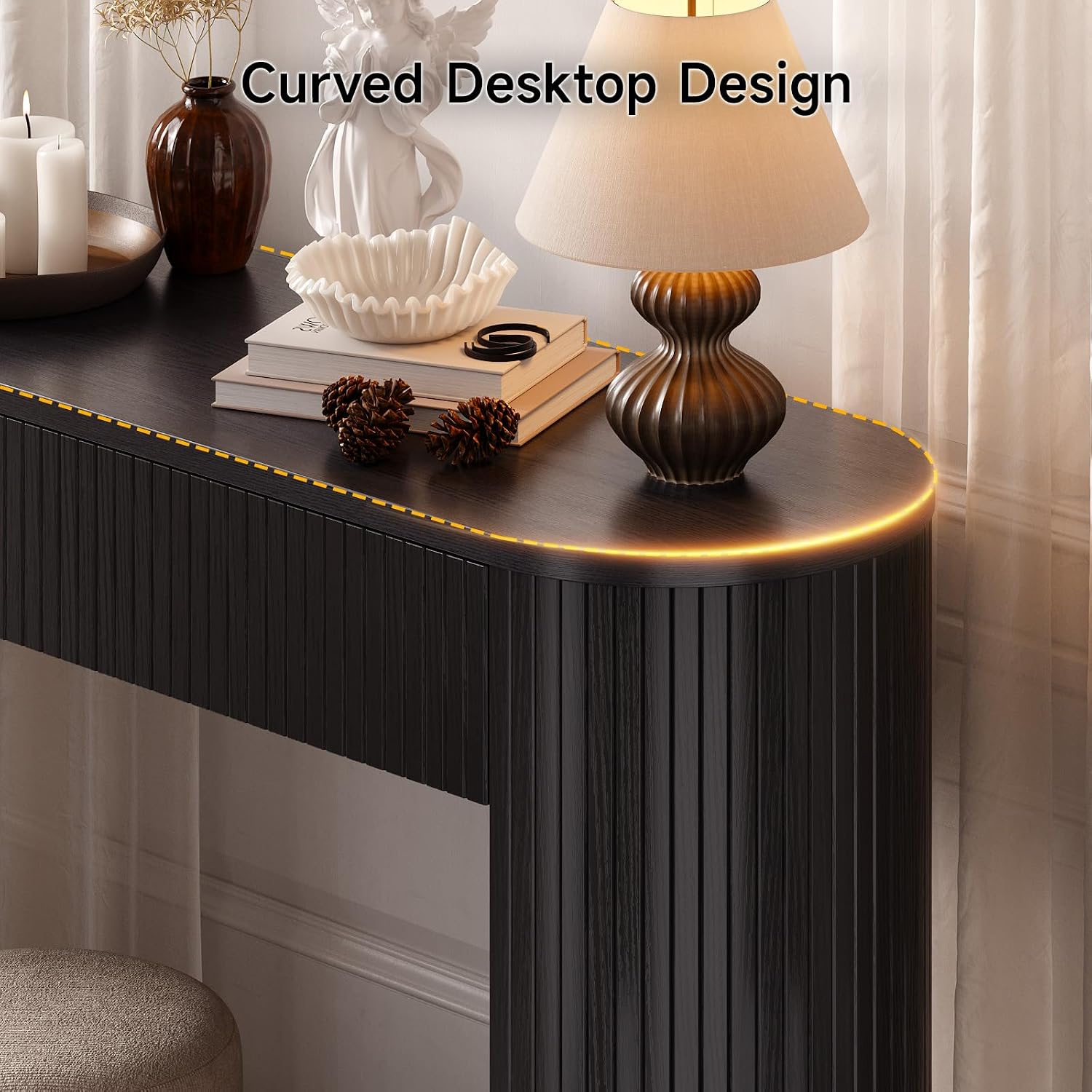 63 Inch Console Table with 2 Drawers, Fluted Entryway Tables with Storage, Sofa Table Behind The Couch, Hallway Tables, Mid-Century Modern Foyer Table for Entryway, Hallway, Living Room, Black