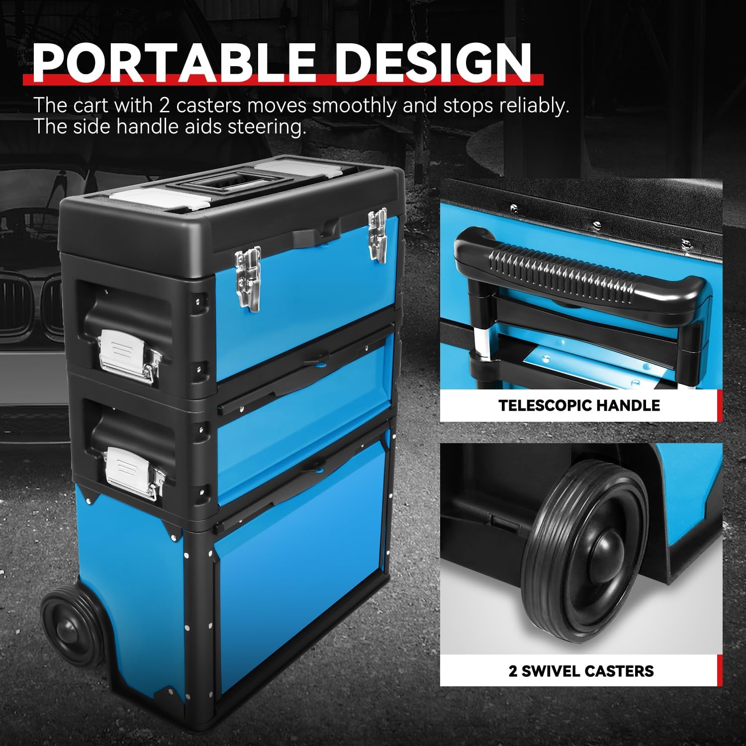 Auto Dynasty 3-Tier Stackable Tool Box, 19.5 Inch 3-in-1 Rolling Tool Box with Wheels, Portable Steel and Plastic Rolling Upright Trolley Toolbox Organizer for Garage Workshop, 3-Piece Set, Blue