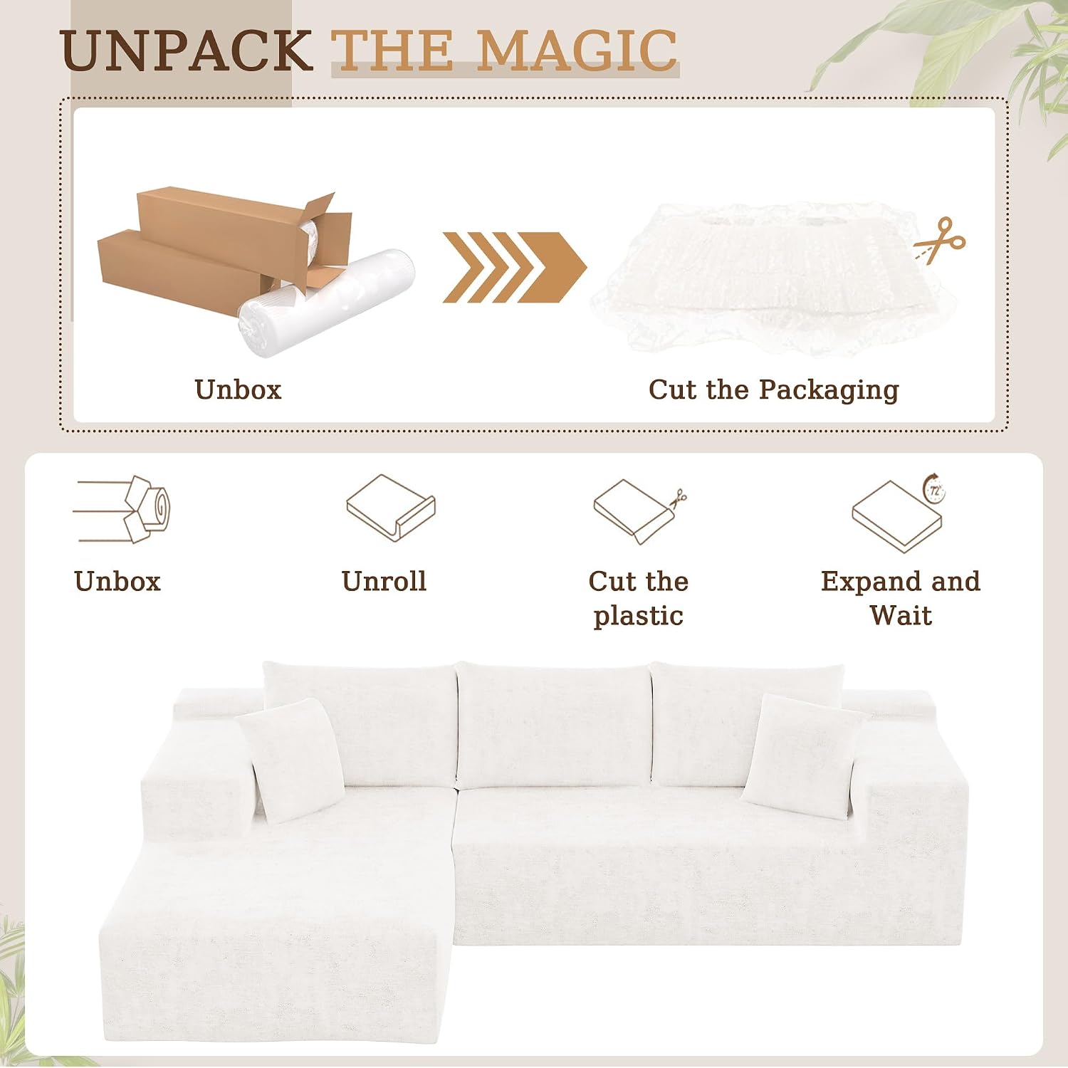 YESHOMY Boneless Couches for Living Room, 108' Sectional Modular Sectional Sofa with Deep Seat, Cloud Comfy Couch with L-Shape Chaise, Easy Assembly (Chenille, Pearl Cream)
