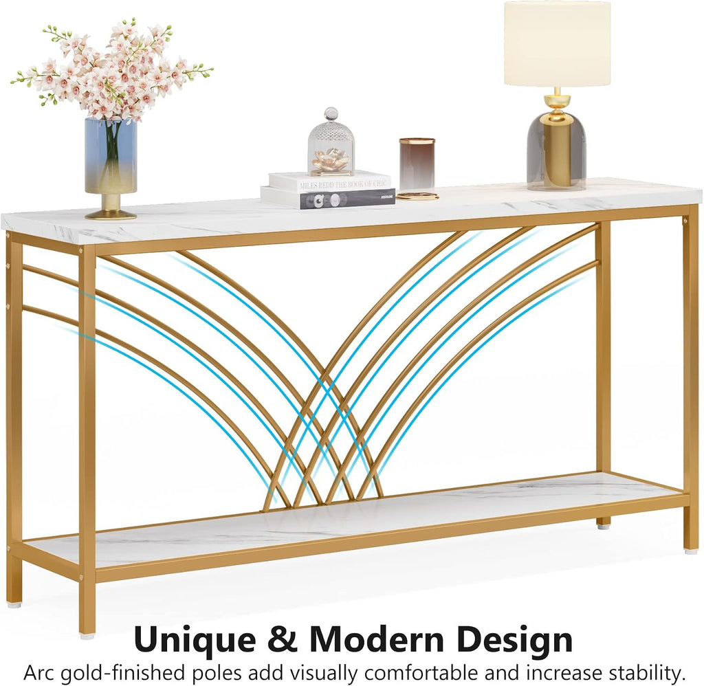 Tribesigns 70.9 inch Extra Long Console Table, Faux Marble Entryway Table with 2 Tier Storage Shelf, Narrow Sofa Table Behind Couch, Modern Hallway Accent Table for Living Room, White and Gold
