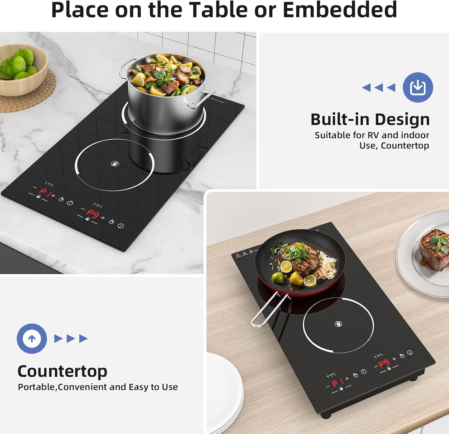 Double Induction Cooktop, WABK 2300W 2 burner Induction Cooker Cooktop, 110V Countertop & Built-in Electric Cooktop with Hot Plate, LED Touch Screen & 9 Power Levels, 2-Hour Timer and Child Lock