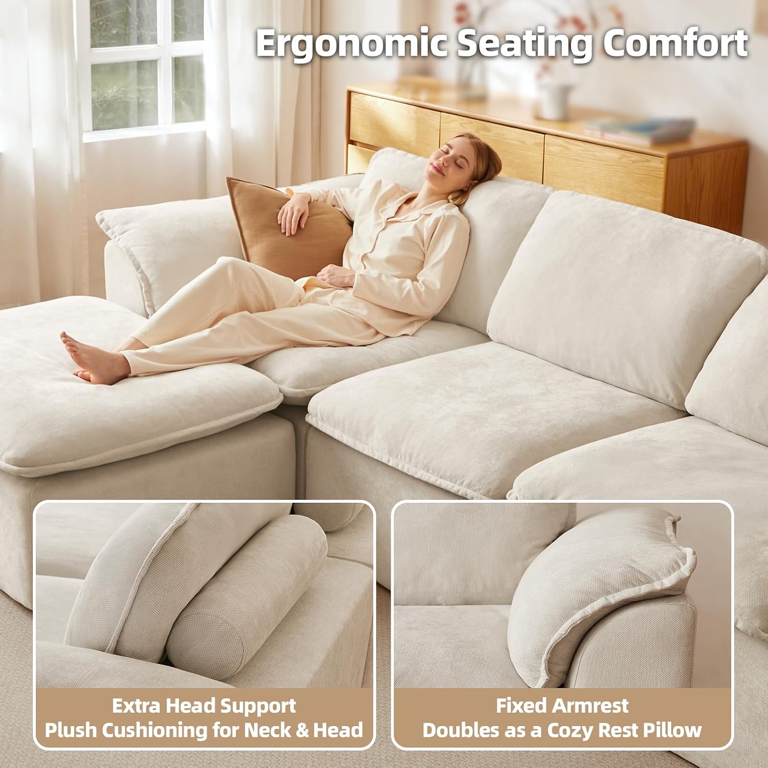 HALLYBEE 112' Cloud Couch Sectional with Padded Armrests & Moveable Ottoman Boneless Sectional Couches for Living Room White Couch, No Assembly Required