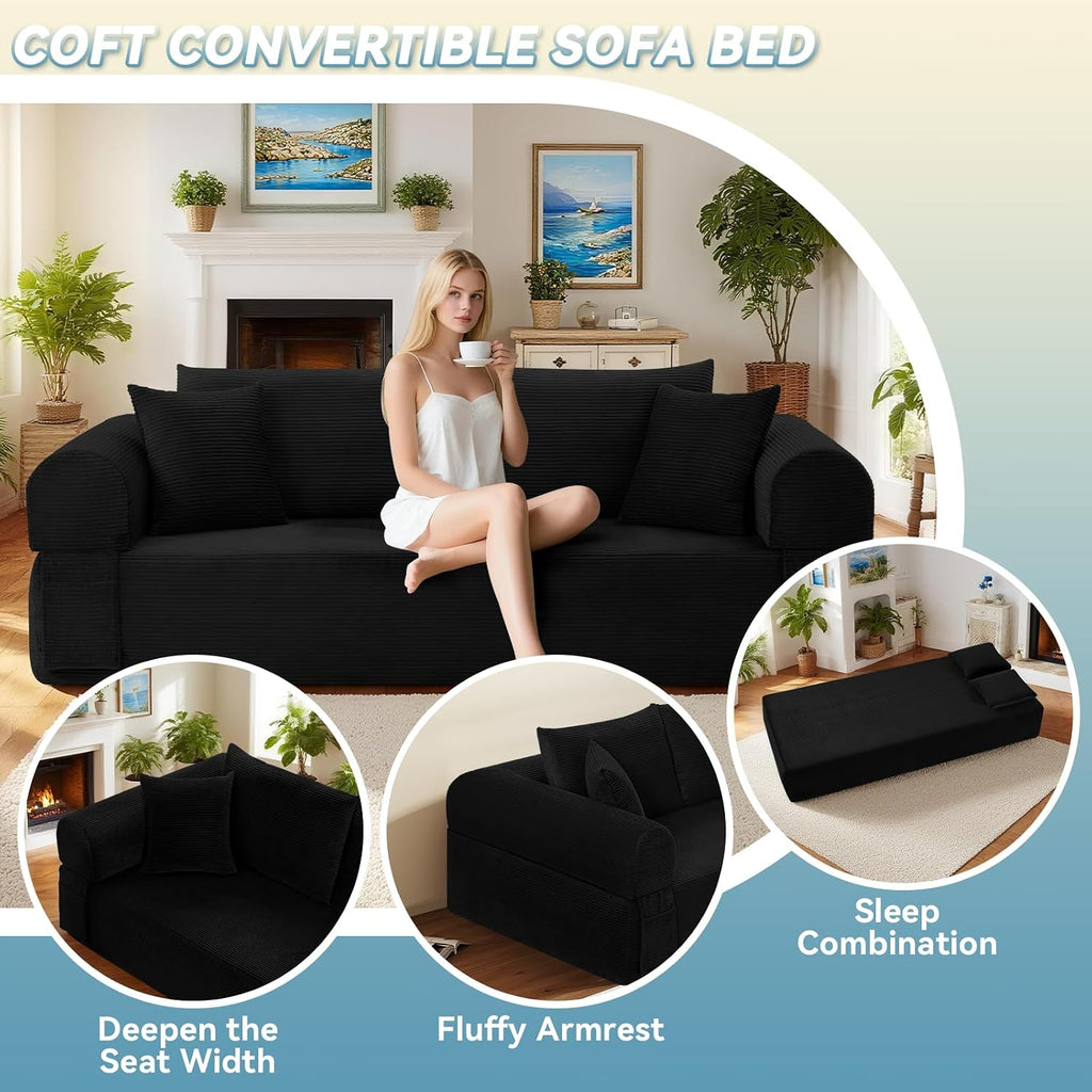 3 Seater Sofa Couch for Living Room, Black, 38' D | 4 Pillows
