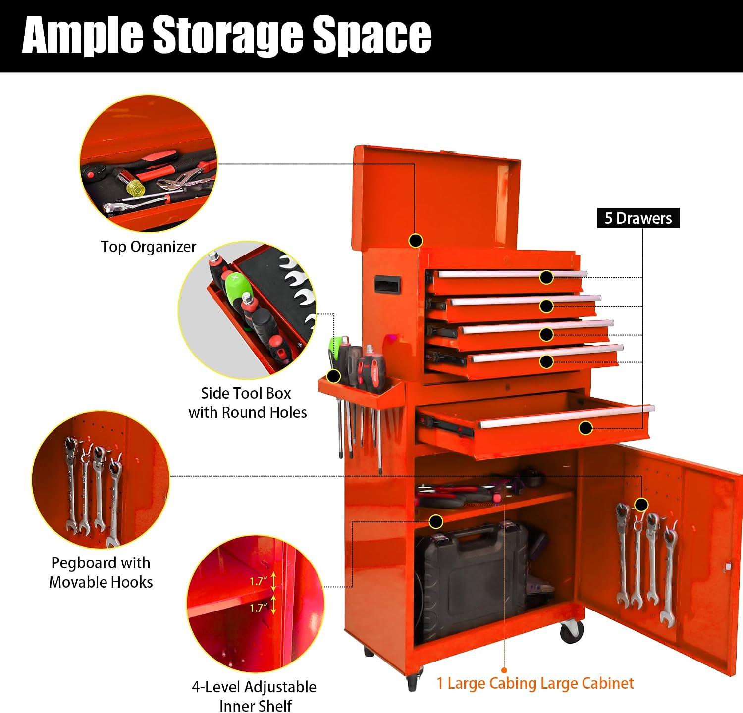 5-Drawer Tool Chest, Rolling Tool Box with Detachable Top Toolbox & Universal Wheels, Tool Cabinet with Lock Bar, Protective Liner & Tool Rack, Metal Storage Cart for Garage,Workshop (Orange)