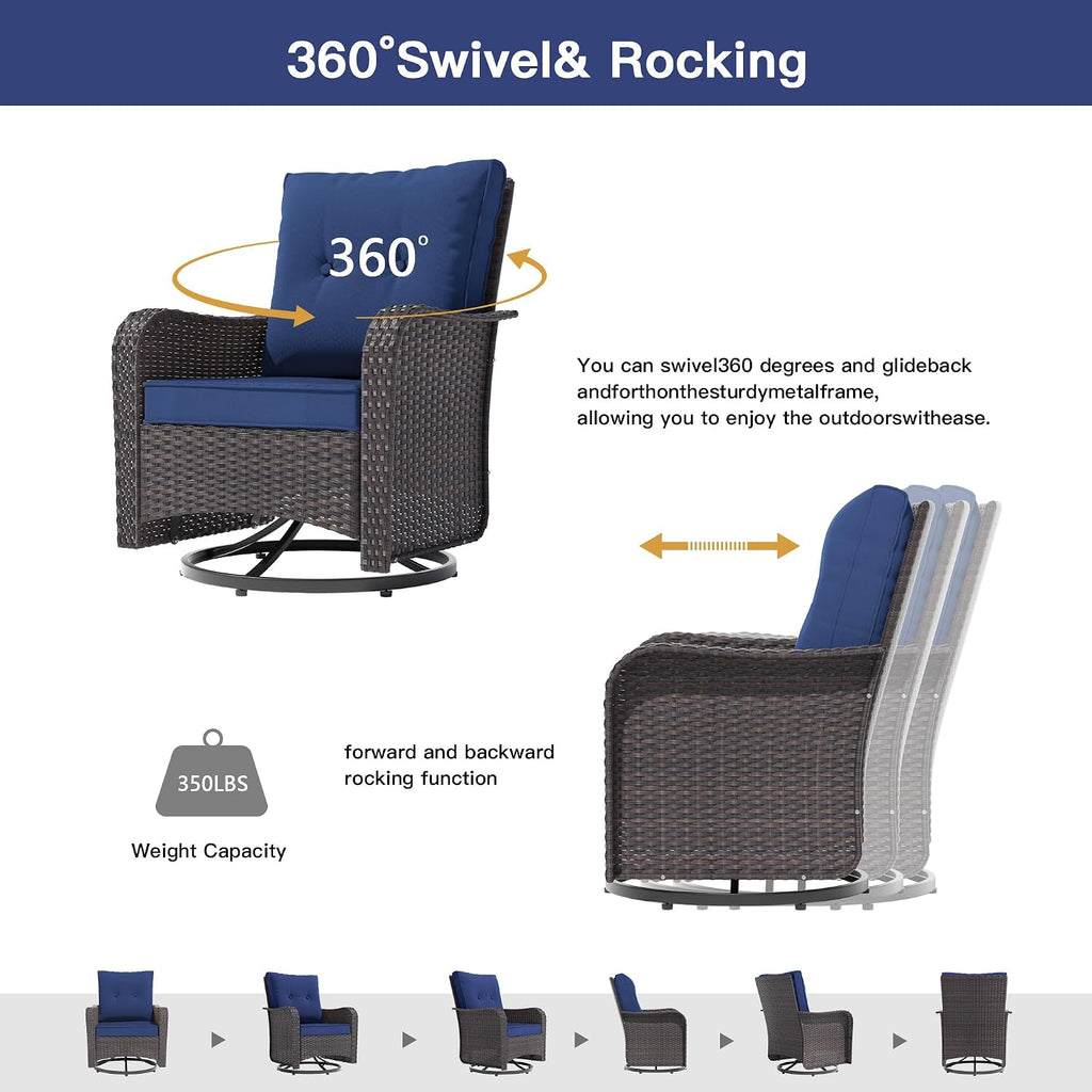 ALAULM 5-Piece Outdoor Swivel Rocking Chair Set with 4' Thick Cushions and High Back, Wicker Patio Chairs with Side Table & 2 Footstools for Porch, Poolside, Backyard—Dark Blue