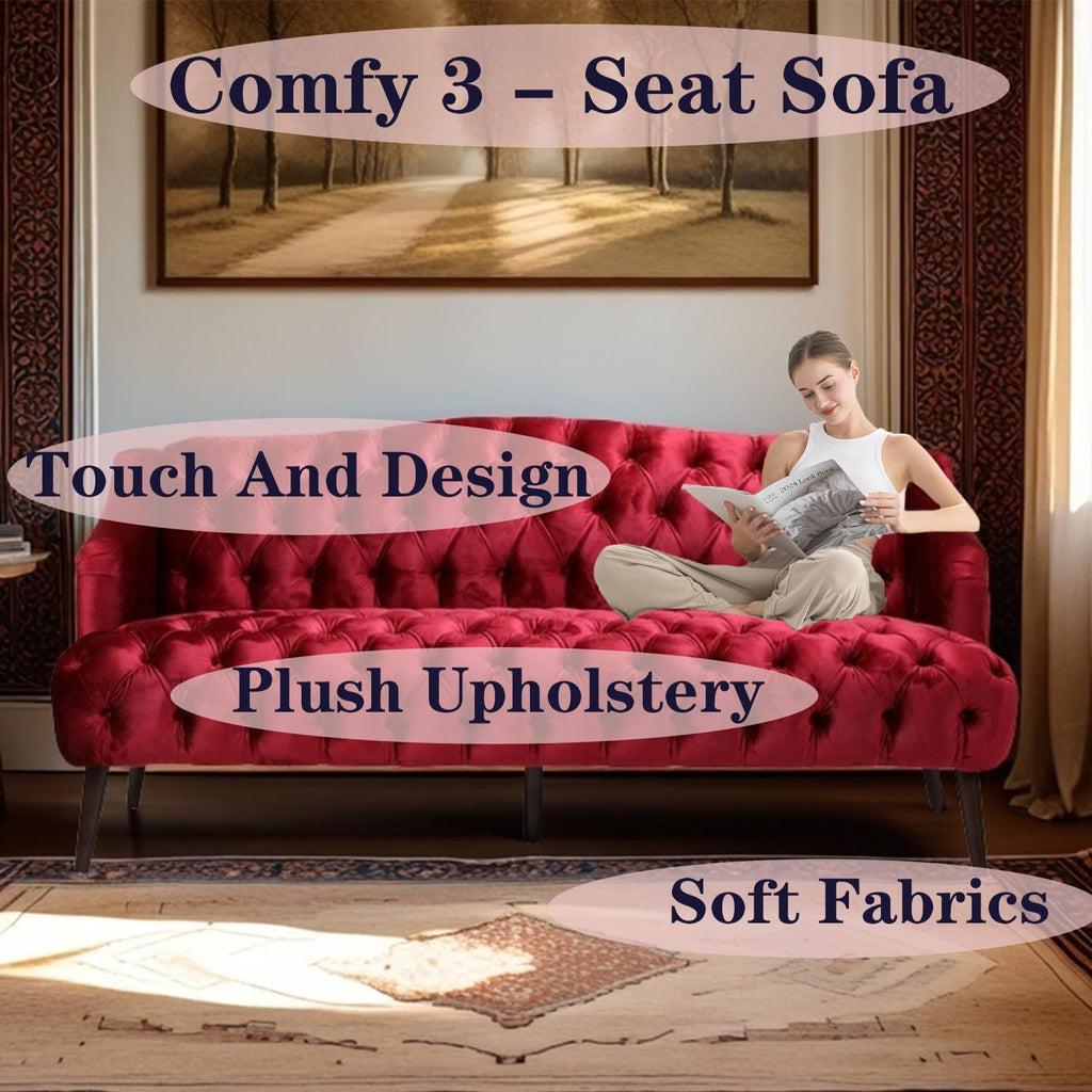 Wine Red Modern Velvet Loveseat Sofa Couch, 73' Mid - Century Tufted Upholstered Small Love Seat Couch, Curved High Back 3-Seats Couches for Compact Space, Living Room, Apartment (Wine Red)