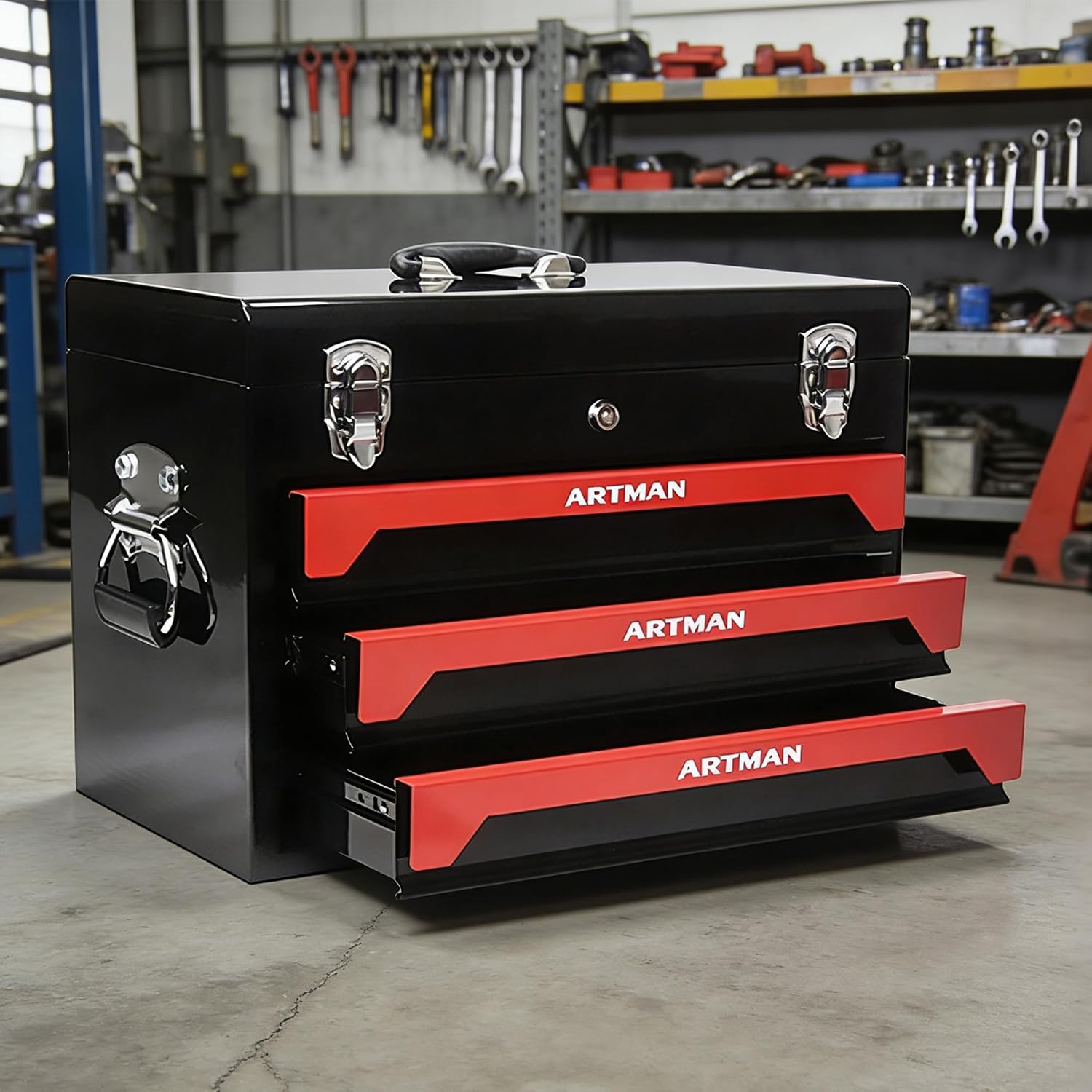 3 Drawers Metal Tool Box, 19' Heavy Duty Steel Tool Chest w/Key Lock & Handle, Multi-Function Top Storage Tray Toolbox w/Powder Coating & Ball Bearing Slides for Garage & Workshop(Black+Red)