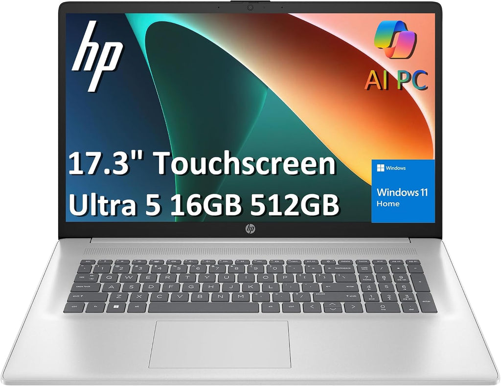 HP 17 Laptop AI PC (17.3' HD+ Touchscreen, Intel 12-Core Ultra 5 225U (> i7-1355U), 16GB DDR5 RAM, 512GB SSD) for Business, Home, Students, Backlit, Fingerprint, Webcam, Win 11 Home, Silver
