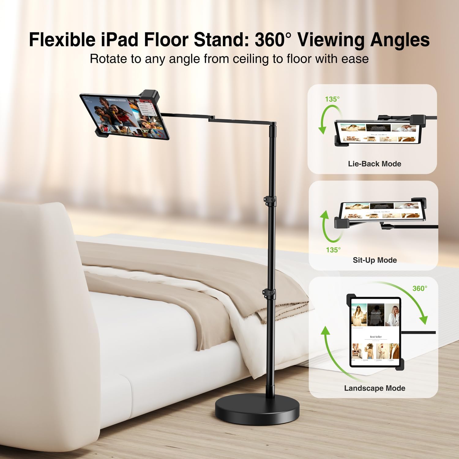 elitehood Diagonal Design iPad Floor Stand with Heavy Duty Base, 24in Horizontal Long Arm Tablet Floor Stand Holder for Bed Recliner Sofa, Compatible with iPad mini Air Pro 13/12.9 and 9-14in Devices