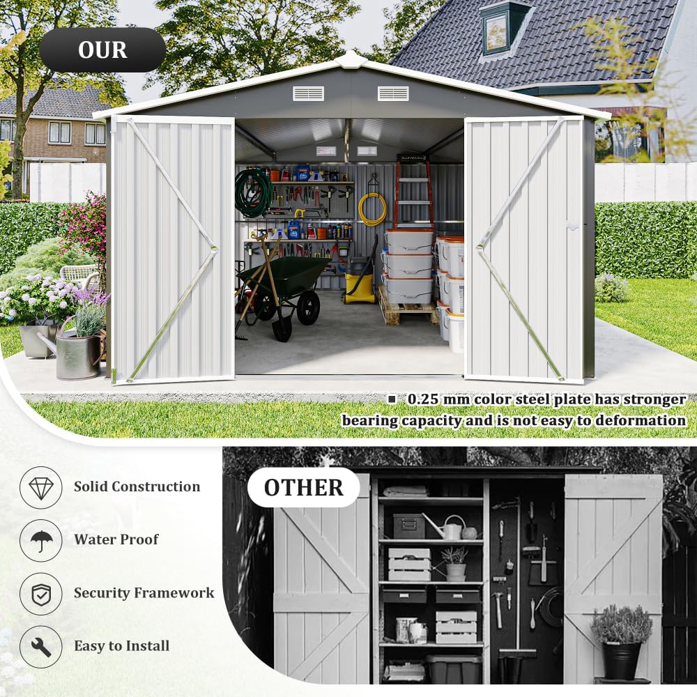 10x14FT Metal Garden Shed - Lockable Outdoor Storage Shed, Heavy-Duty Storage Sheds for Backyard Patio, Sheds & Outdoor Storage (Dark Gray)