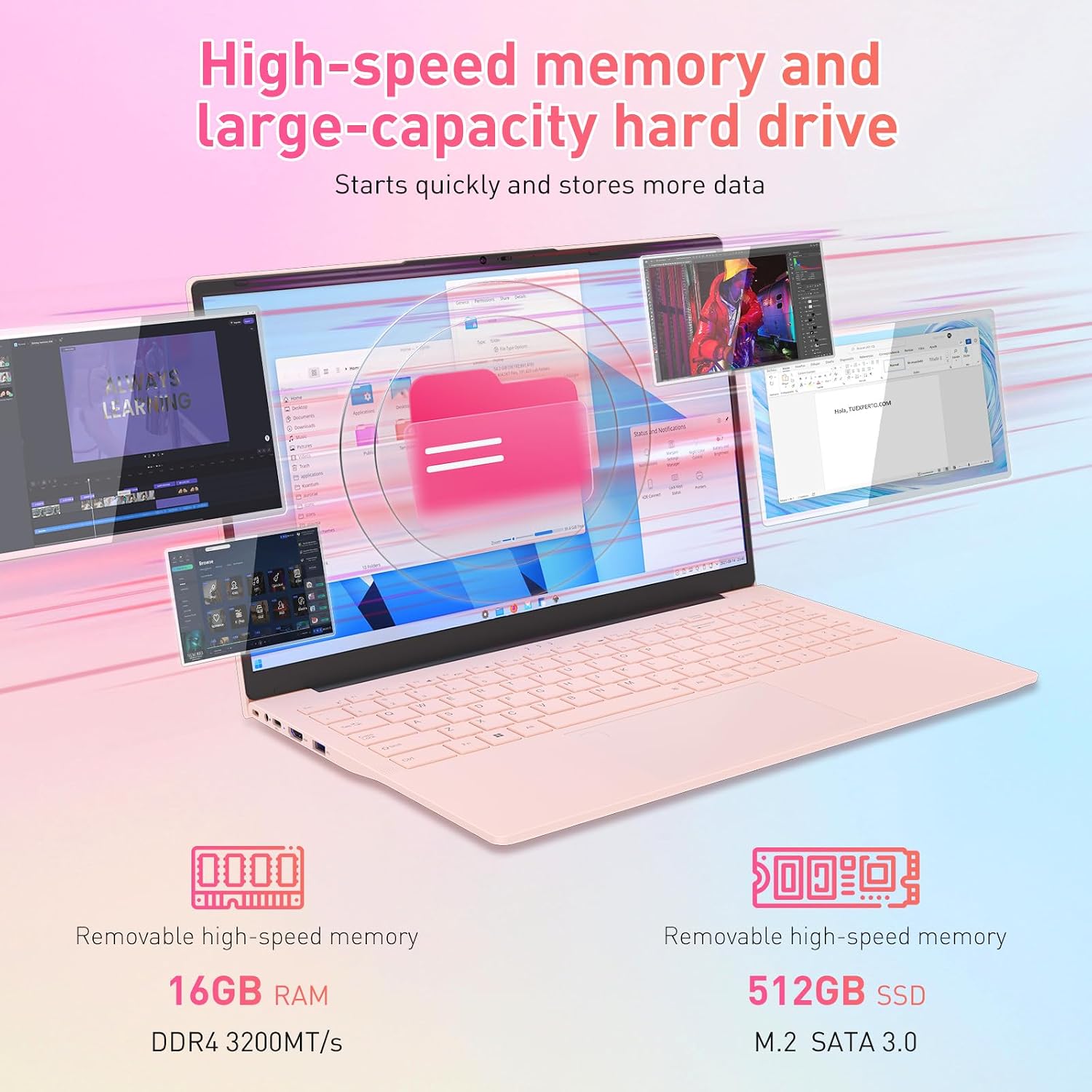 Auusda 15.6' FHD Laptop for Work, Student and Entertainment, 16GB Dual RAM 512GB SSD, Full Function USB Type C/HDMI/Backlit Keyboard/Fingerprint/USB 3.0, Win 11 Pro, Dual Core 4T Processor, Pink