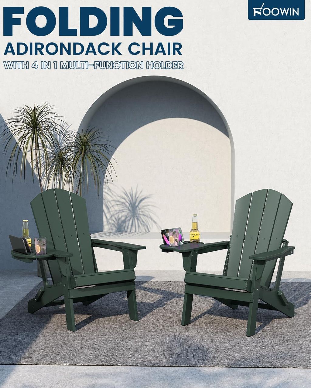 FOOWIN Folding Adirondack Chair Set of 4, HDPE Adirondack Chairs with Cup Holder, Weather Resistant Plastic Fire Pit Chairs for Outdoor, Patio, Lawn, Garden, Backyard, Deck, Green