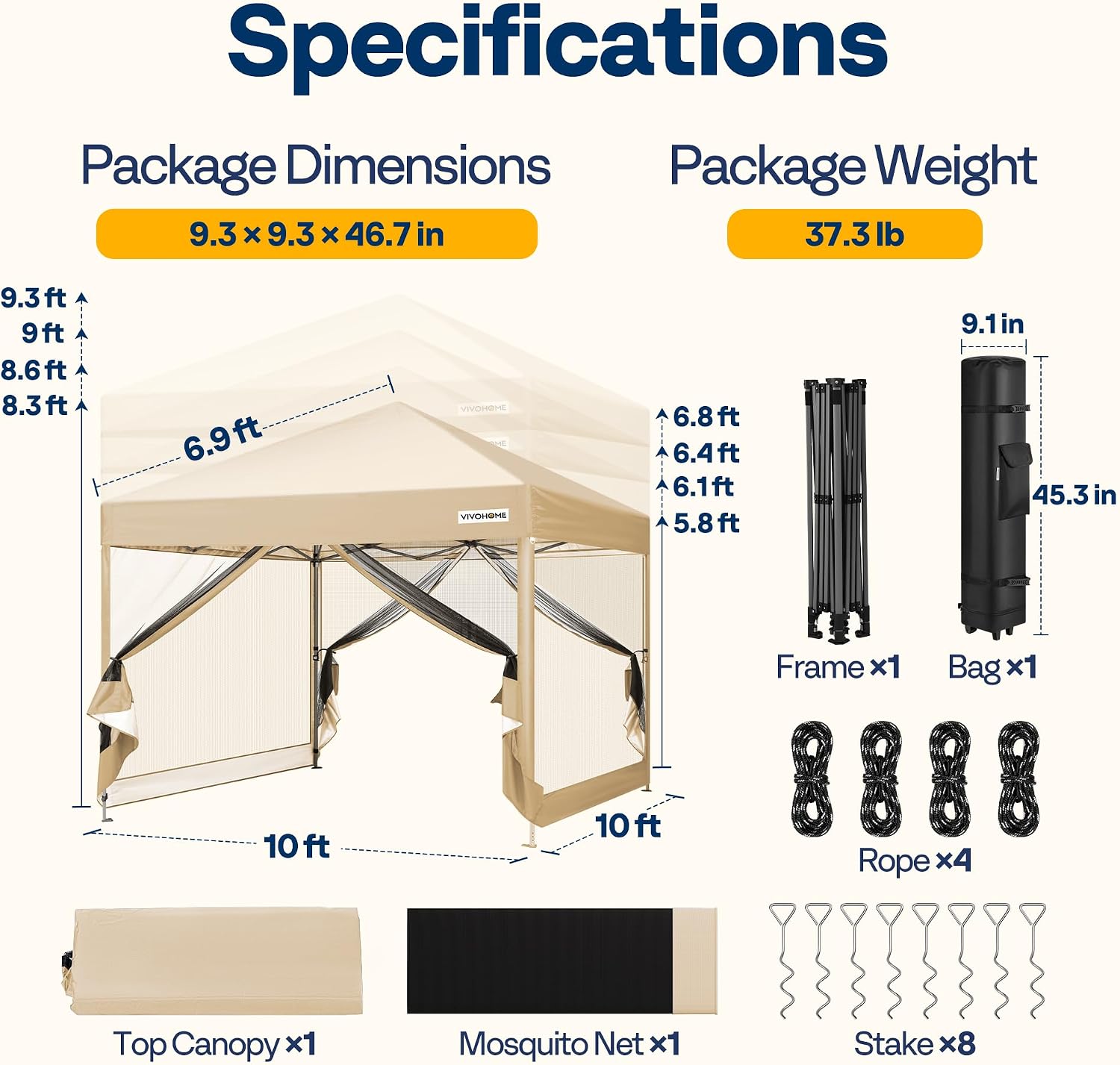 VIVOHOME 10x10ft Easy Pop-Up Canopy, Outdoor Screen Tent with Mosquito Netting, 2 Zipper Doors, and Roller Bag for Yard Camping Picnic Party Events, Beige
