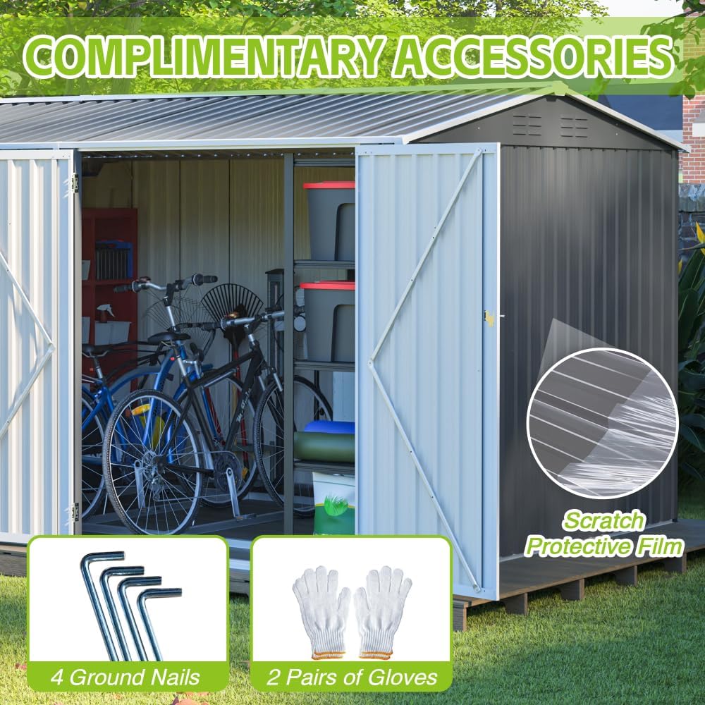 8x12 Ft Outdoor Storage Shed, XL Heavy-Duty Steel Building with Window, Hinged Gray Doors & 4 Air Vents, Reinforced for Backyard, Garden, Patio