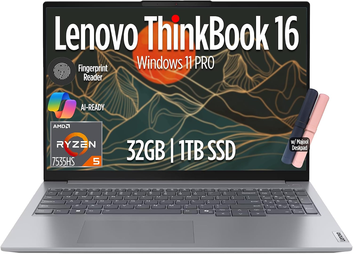 Lenovo ThinkBook 16 Gen 7 Business Laptop, 16' FHD+ Display, AMD Ryzen 5 7535HS (> i7-1355U), 32GB DDR5 RAM, 1TB SSD, KB Backlit, Webcam, Ethernet, Wi-Fi 6, Windows 11 Pro w/Copilot, MAJ DESKPAD