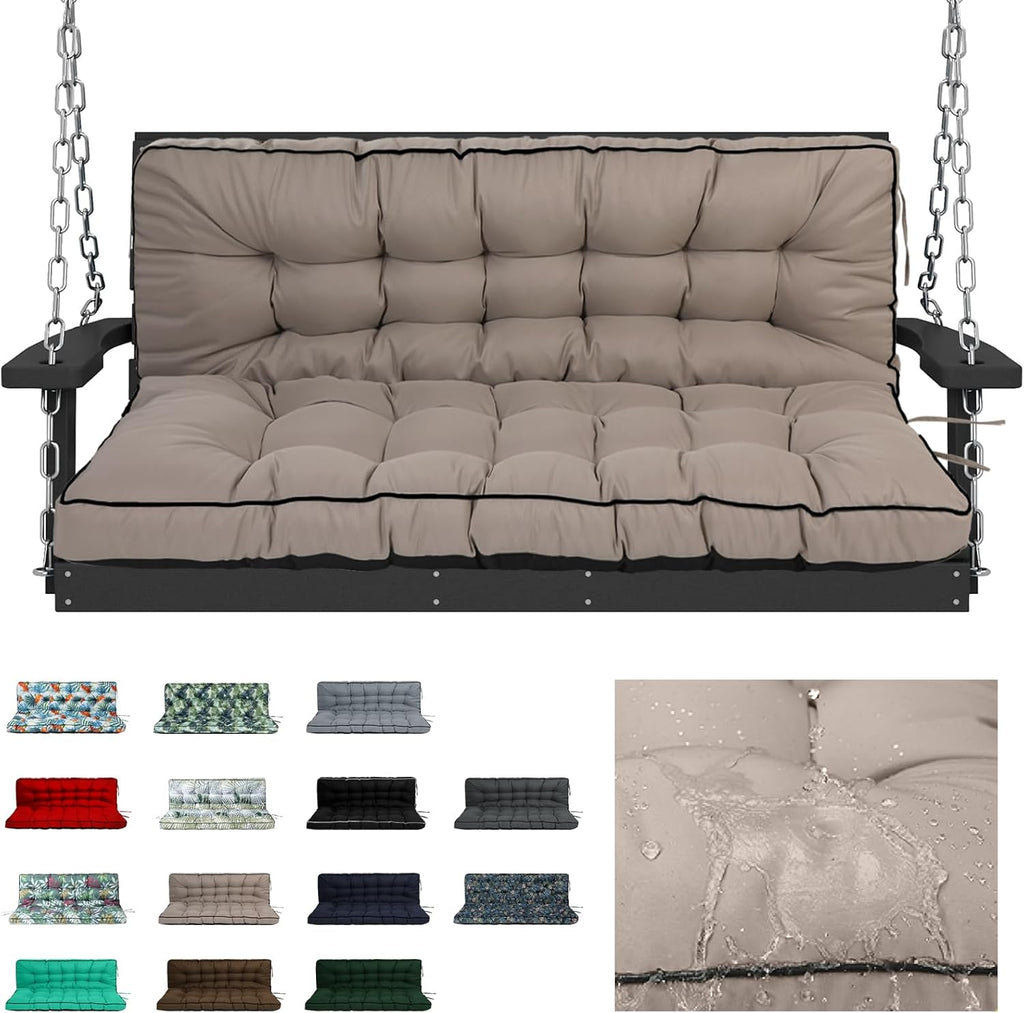 Waterproof Porch Swing Cushion Replacement, Thick 4' 2–3 Seat Outdoor Swing Seat Cushion with Backrest & Ties for Patio, Garden & Porch (Khaki, 40 x 55 in)