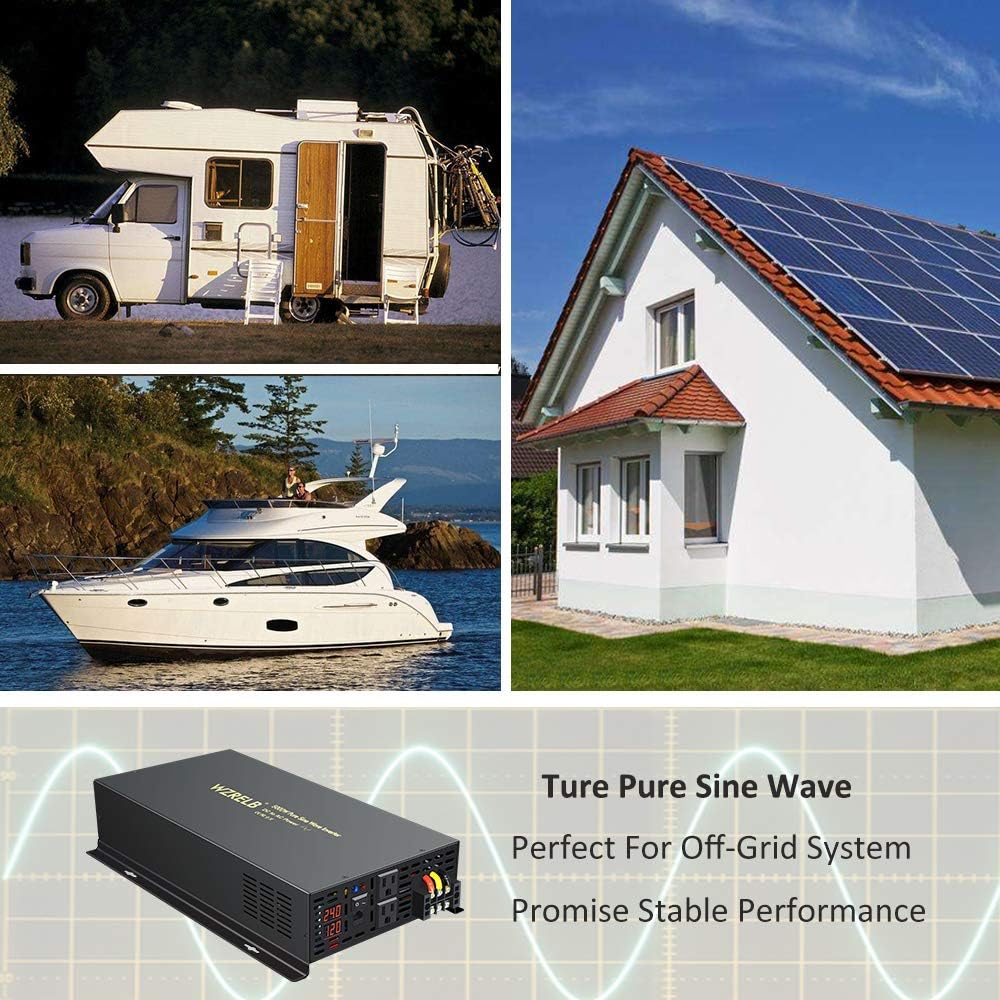 WZRELB 5000W 24VDC 120VAC Pure Sine Wave Power Inverter, 2 AC Outlets, Wired Remote Control, RV (RBP-500024WR)