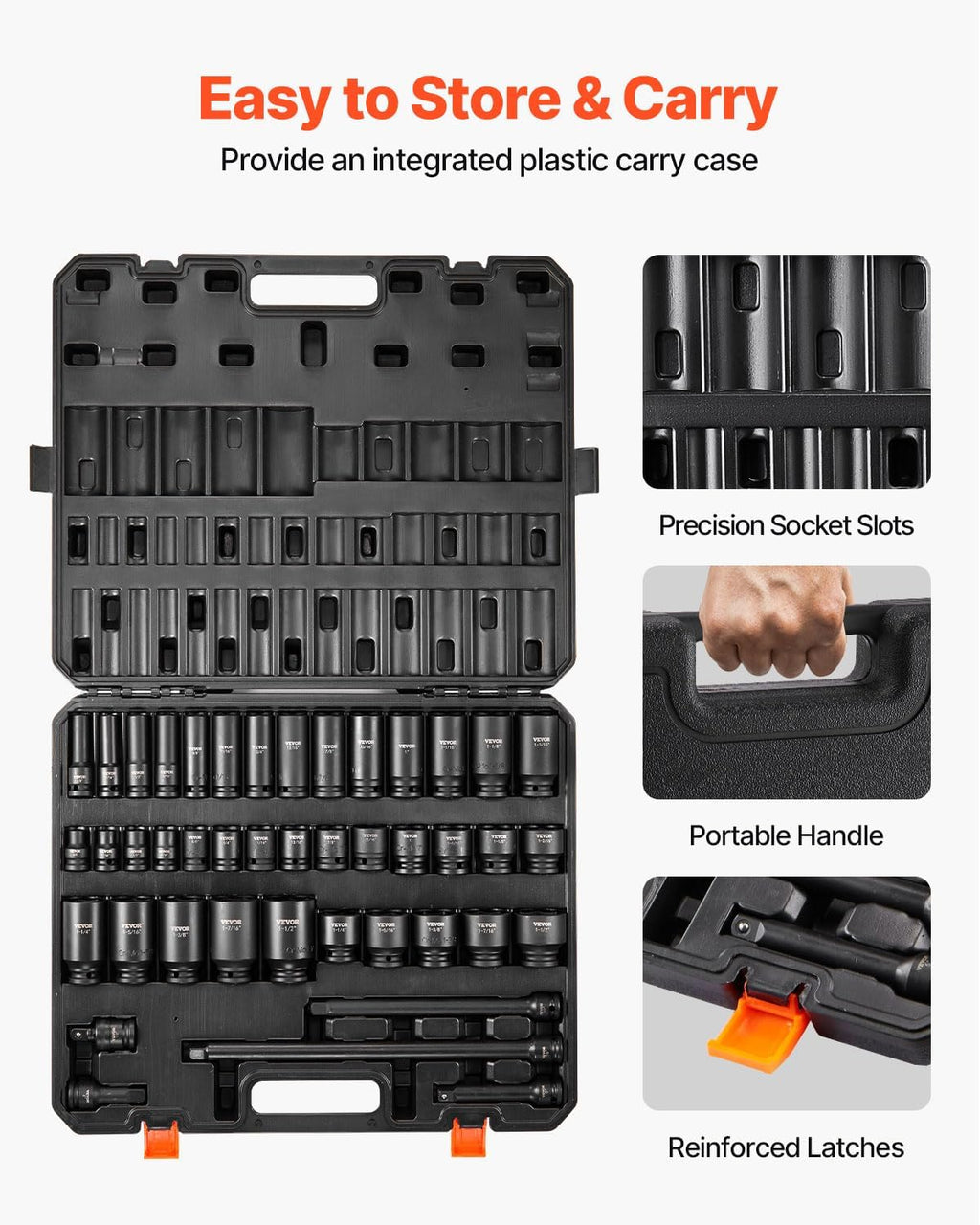 VEVOR Impact Socket Set 1/2' Socket Set 43 Piece Deep & Shallow SAE 3/8' to 1-1/2', 6 Point Cr-Mo Alloy Steel for Auto Repair, Easy-to-Read Size Markings, Rugged Construction, Storage Case