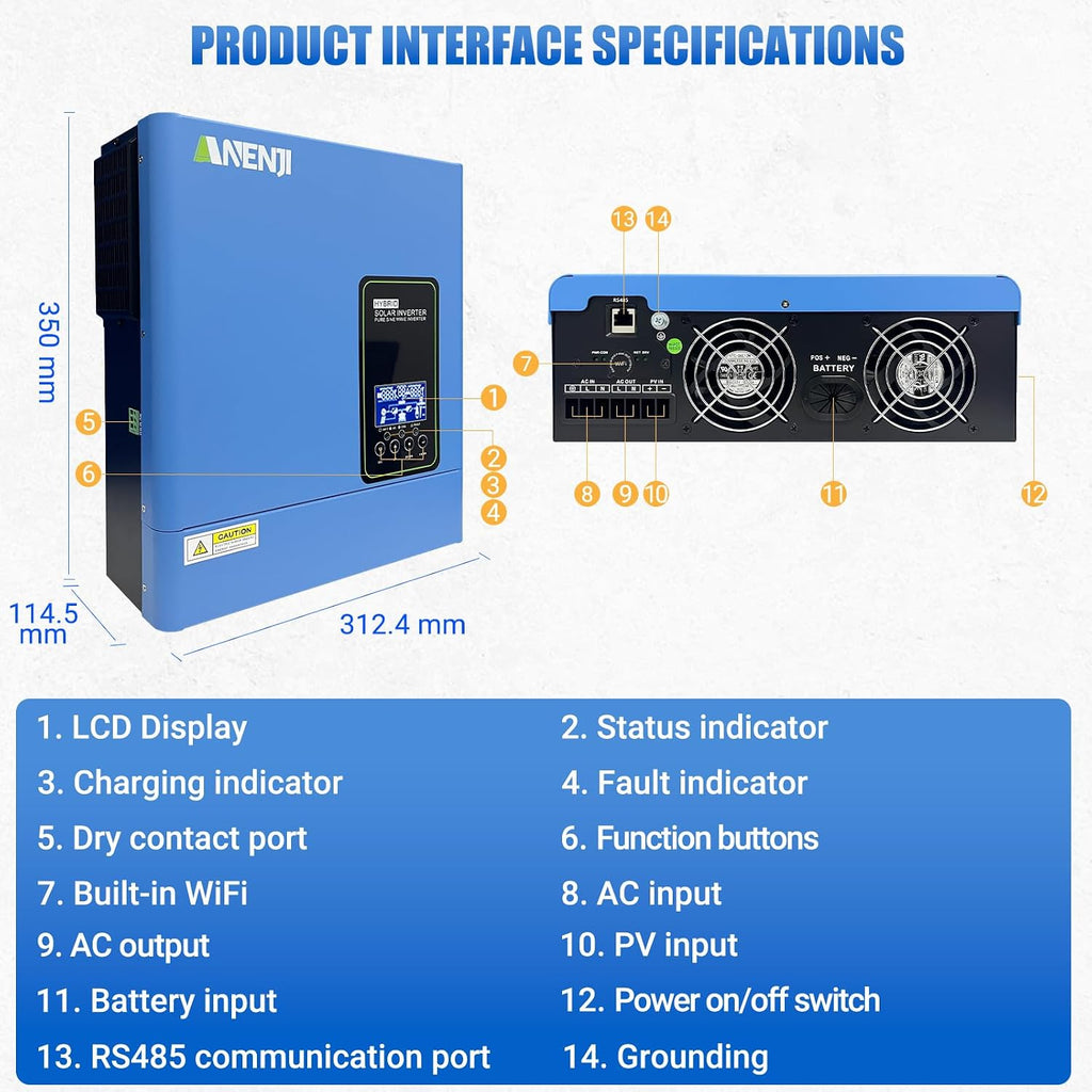 Hybrid Solar Inverter 3000W, 24Vdc to110Vac Off-Grid Inverter,100A MPPT Controller,Support Battery-Less or AGM Lithium Battery, Pure Sine Wave for Home Backup,Solar Systems
