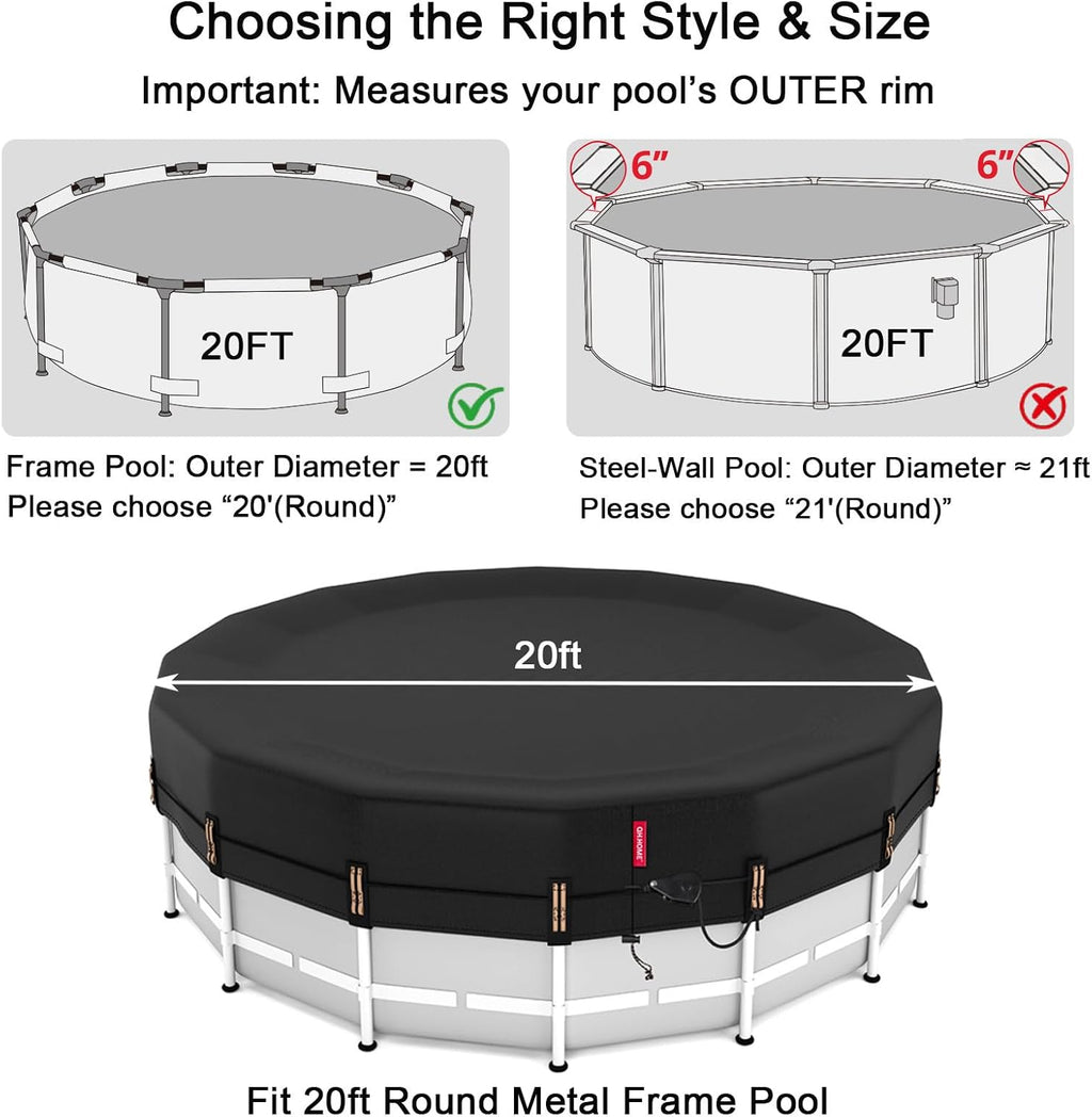 QH.HOME 20 ft Round Pool Cover,Solar Cover for Above Ground Pools - Black Oxford Fabric Heats Water, Blocks Leaves & Sun, Windproof Snug Fit with Patented Ratchet & Weight Rings