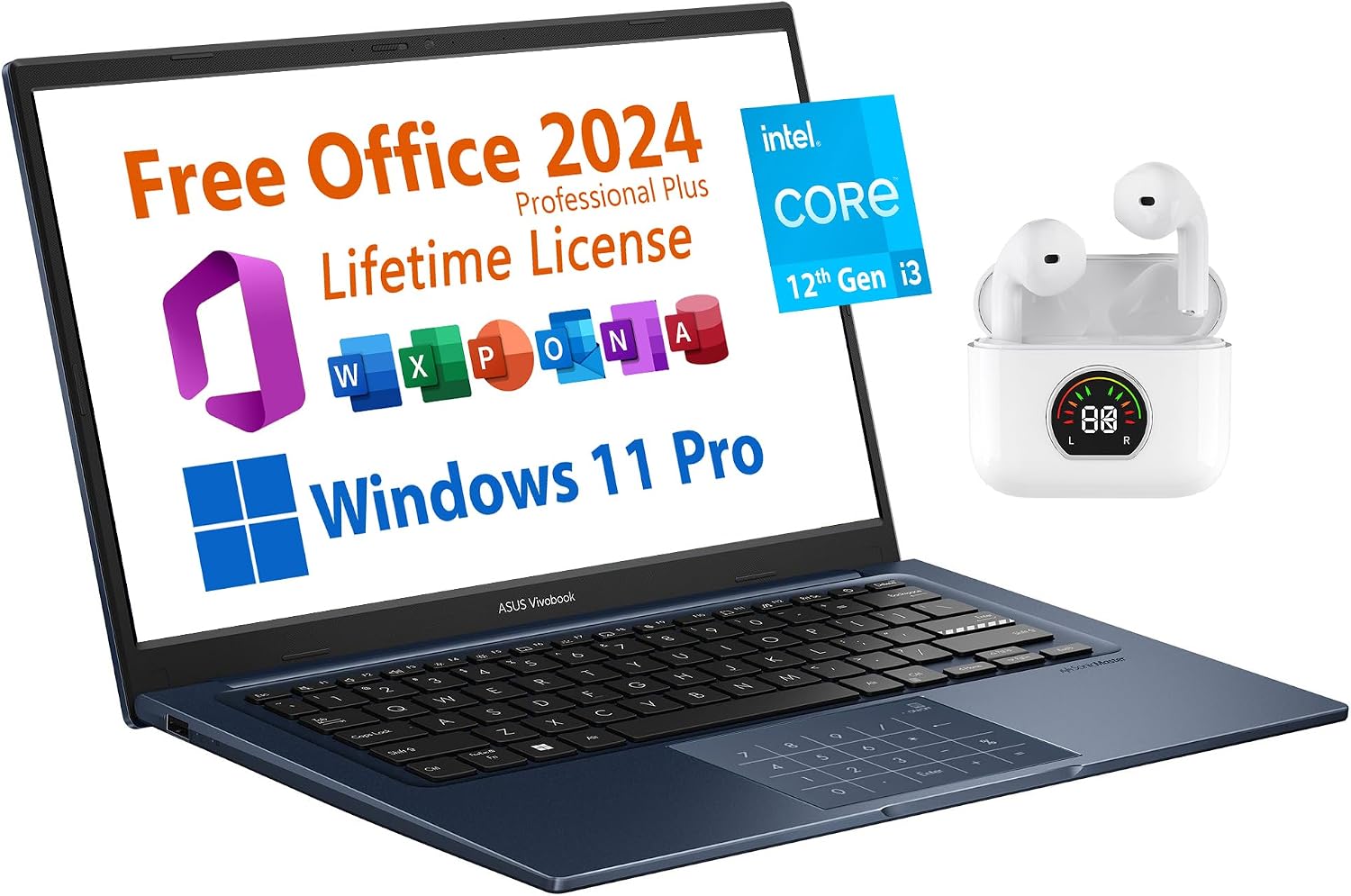 ASUS Vivobook 14' Laptop, Free Microsoft Office 2024 with Lifetime License, FHD Non-Touch Display, Intel 6-Core i3-1215U 4.4 GHz, WiFi 6E, 16GB RAM, 512GB SSD, 10 hrs Battery, Toree Wireless Earbuds