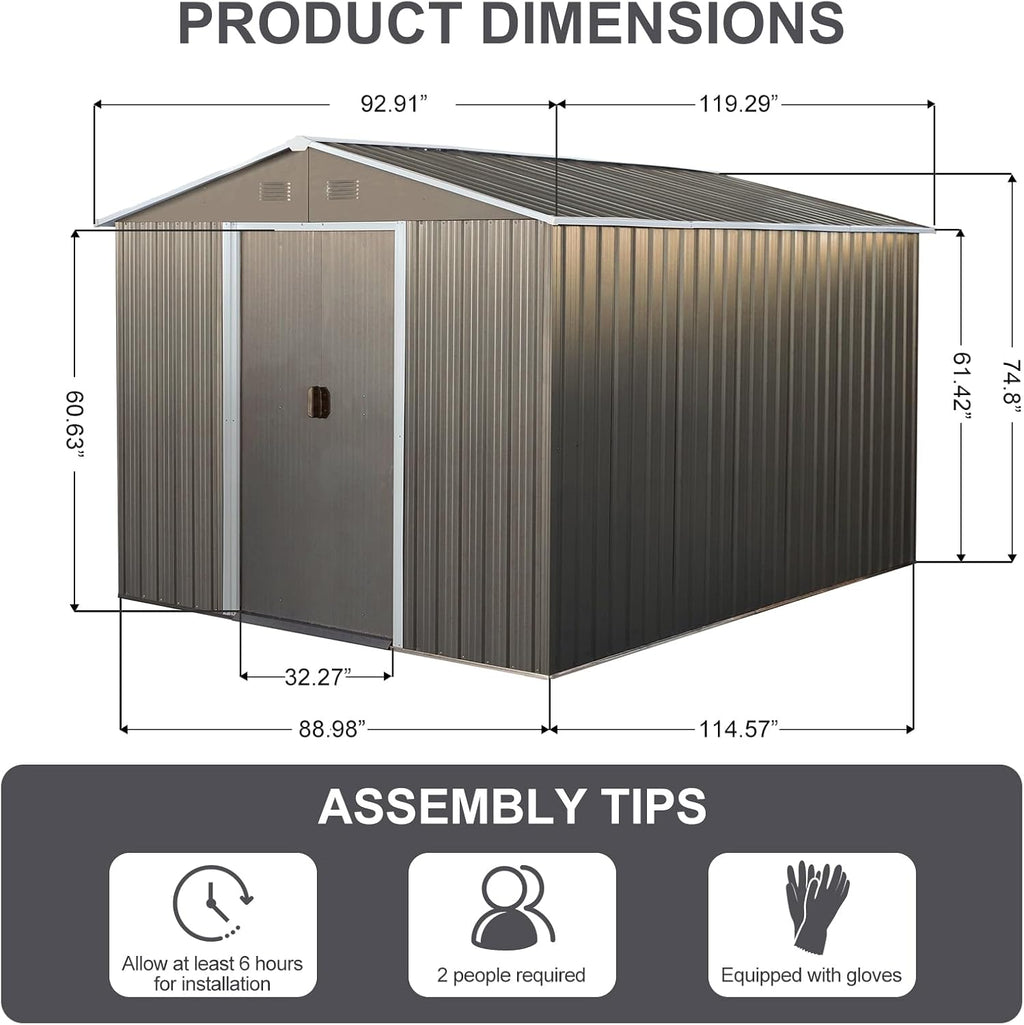 7.5ftx10ft Outdoor Storage Shed with Floor Frame, Metal Garden Shed with Sliding Doors, Waterproof Galvanized Steel Storage House for Backyard Garden, Patio (7.5 x 10 FT, Gray)