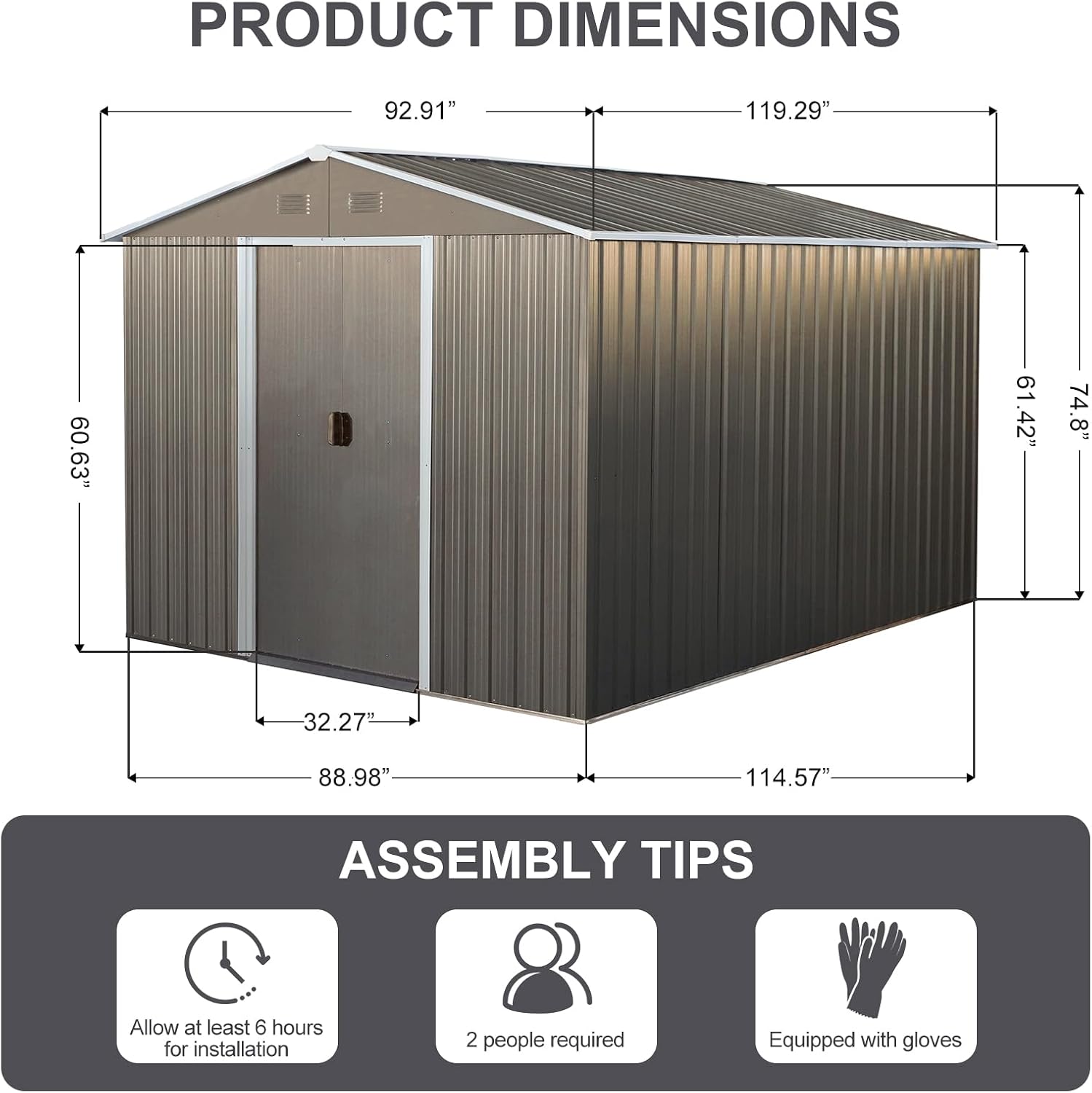 7.5ftx10ft Outdoor Storage Shed with Floor Frame, Metal Garden Shed with Sliding Doors, Waterproof Galvanized Steel Storage House for Backyard Garden, Patio (7.5 x 10 FT, Gray)