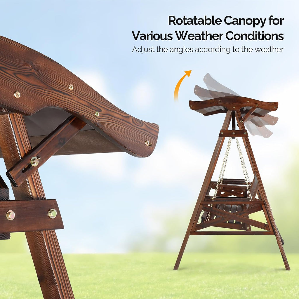 VINGLI Porch Swing with Stand, Porch Swing with Canopy, Waterproof Patio Swing with Cup Holder, Outdoor Swing Set for Garden, Yard, Patio, Rustic